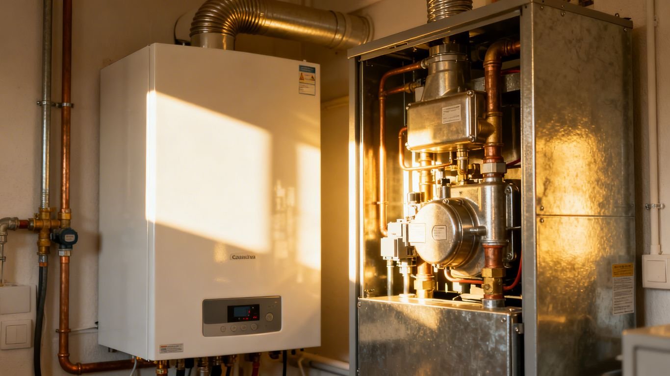 Chaudière à gaz à condensation moderne dans une pièce.