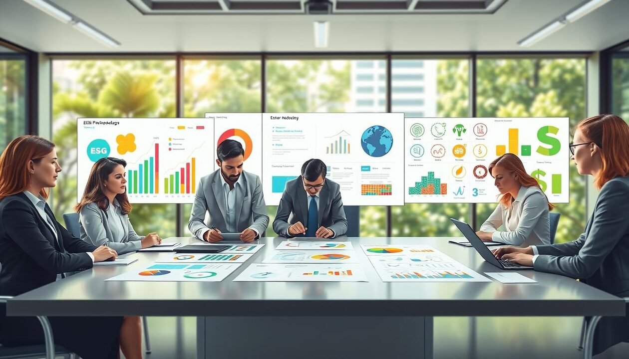 A detailed and visually engaging representation of “ESG scoring methodology.” In the foreground, illustrate a diverse group of professionals in business attire, analyzing data charts and graphs related to ESG scores on a sleek conference table. The middle ground features digital screens displaying vibrant infographics, key performance indicators, and environmental icons, highlighting the components of ESG scoring. In the background, soft-focus urban office windows with greenery visible outside to symbolize sustainability. Emphasize bright, natural lighting to create an optimistic and forward-thinking atmosphere. Use a wide-angle lens perspective to capture the collaborative energy of the scene, while maintaining a clean, organized aesthetic.