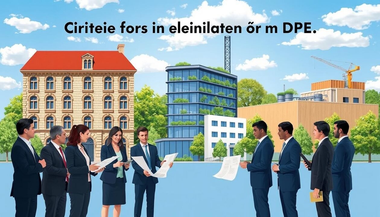 A detailed illustration depicting the criteria for exemption from DPE (Diagnostic de Performance Énergétique) for buildings. In the foreground, a diverse group of professionals in business attire discusses architectural plans and buildings. The middle ground features a variety of building types: a historic stone building, a modern eco-friendly structure, and an industrial warehouse, emphasizing their specific characteristics. The background shows a clear blue sky with scattered clouds and green trees, conveying a serene and informative atmosphere. The lighting is bright and natural, simulating a sunny day, enhancing the clarity of the details in the structures. Capture the mood of professionalism and expertise, inviting viewers to learn about building energy assessments. A detailed illustration depicting the criteria for exemption from DPE (Diagnostic de Performance Énergétique) for buildings. In the foreground, a diverse group of professionals in business attire discusses architectural plans and buildings. The middle ground features a variety of building types: a historic stone building, a modern eco-friendly structure, and an industrial warehouse, emphasizing their specific characteristics. The background shows a clear blue sky with scattered clouds and green trees, conveying a serene and informative atmosphere. The lighting is bright and natural, simulating a sunny day, enhancing the clarity of the details in the structures. Capture the mood of professionalism and expertise, inviting viewers to learn about building energy assessments.