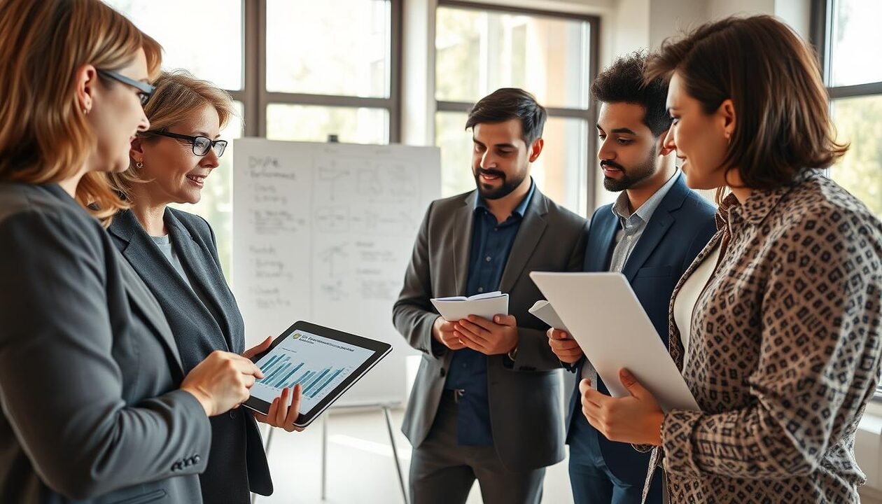 A professional setting depicting a diverse group of professionals engaged in a collaborative meeting about "DPE collectif". In the foreground, a middle-aged woman in business attire is pointing at a digital tablet displaying energy performance charts. Beside her, a young man in a smart casual outfit takes notes. In the middle ground, a whiteboard filled with diagrams and bullet points showcases key steps to conducting a DPE collectif. In the background, large windows allow natural light to flood the room, creating an inviting atmosphere. The lighting is warm and focused on the group, highlighting their engaged expressions. The overall mood is dynamic and focused, emphasizing teamwork and professionalism in the process of energy assessment.