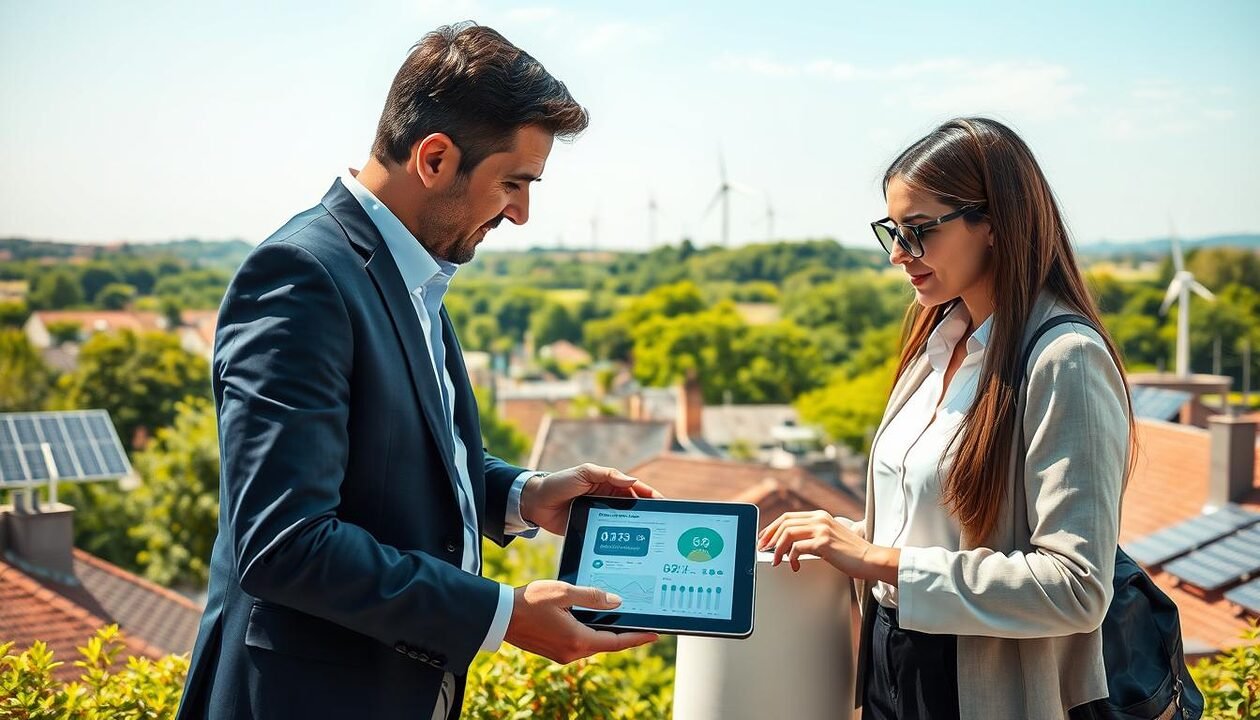 A vibrant, engaging scene illustrating "reseauBeep.fr's mission for environmental transition." In the foreground, a diverse group of professionals—two men and two women in business attire—are discussing sustainable practices while examining a digital tablet displaying eco-friendly data. In the middle ground, a lush urban landscape transitions into green spaces, showcasing solar panels on rooftops and wind turbines in the background. The sky is clear, symbolizing hope and renewal. Soft, natural lighting brightens the scene, creating a sense of optimism. The camera angle is slightly elevated, offering a cohesive view of the collaboration and innovation that defines the mission. The overall mood is inspiring and forward-looking, emphasizing teamwork in the pursuit of a sustainable future. A vibrant, engaging scene illustrating "reseauBeep.fr's mission for environmental transition." In the foreground, a diverse group of professionals—two men and two women in business attire—are discussing sustainable practices while examining a digital tablet displaying eco-friendly data. In the middle ground, a lush urban landscape transitions into green spaces, showcasing solar panels on rooftops and wind turbines in the background. The sky is clear, symbolizing hope and renewal. Soft, natural lighting brightens the scene, creating a sense of optimism. The camera angle is slightly elevated, offering a cohesive view of the collaboration and innovation that defines the mission. The overall mood is inspiring and forward-looking, emphasizing teamwork in the pursuit of a sustainable future.