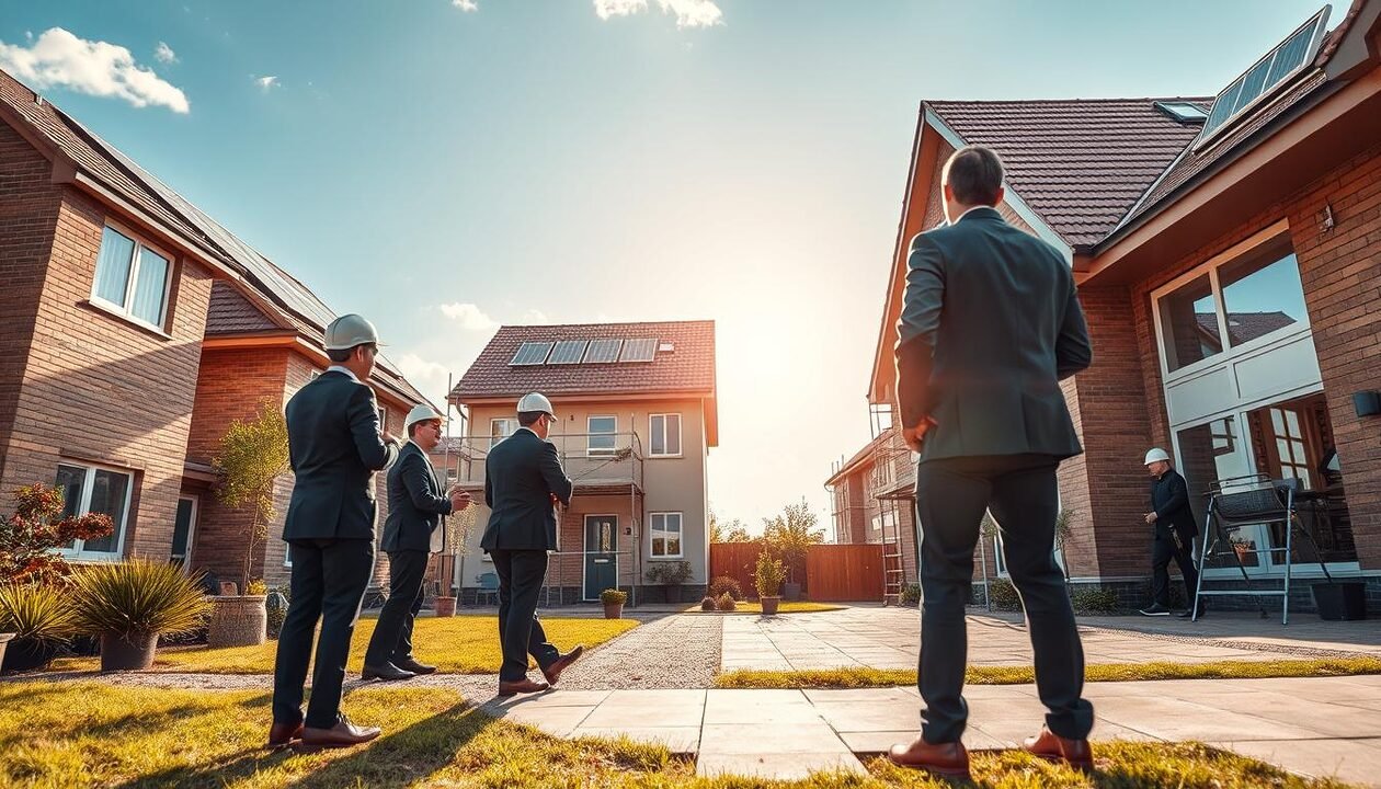 A detailed scene illustrating energy renovation work on residential buildings, showcasing vibrant, eco-friendly upgrades. In the foreground, a team of professionals in smart business attire is actively engaged in installing energy-efficient windows and insulation. The middle ground features a partially renovated house with scaffolding, solar panels on the roof, and fresh greenery planted around the property, emphasizing sustainability. In the background, a sunny sky casts warm light over the scene, creating a positive and innovative atmosphere. The angle captures the dynamic interaction among the workers while highlighting the modern architectural features of the buildings. The overall mood is one of progress, teamwork, and commitment to energy efficiency in housing. A detailed scene illustrating energy renovation work on residential buildings, showcasing vibrant, eco-friendly upgrades. In the foreground, a team of professionals in smart business attire is actively engaged in installing energy-efficient windows and insulation. The middle ground features a partially renovated house with scaffolding, solar panels on the roof, and fresh greenery planted around the property, emphasizing sustainability. In the background, a sunny sky casts warm light over the scene, creating a positive and innovative atmosphere. The angle captures the dynamic interaction among the workers while highlighting the modern architectural features of the buildings. The overall mood is one of progress, teamwork, and commitment to energy efficiency in housing.
