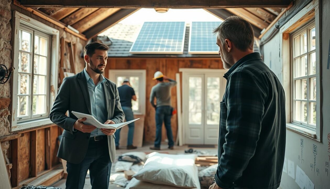 A detailed scene of energy renovation work in an old house, showcasing various stages of renovation. In the foreground, a professional contractor in business attire inspects insulation materials and energy-efficient windows, emphasizing a focus on quality upgrades. In the middle ground, workers carefully install solar panels on a sloping roof, illustrating a blend of contemporary technology with the rustic charm of the old structure. The background reveals partially renovated walls, displaying fresh coats of paint and energy-efficient lighting fixtures, creating a bright and inviting atmosphere. The lighting is warm and natural, simulating sunlight streaming through the open windows. The angle is slightly elevated, capturing the comprehensive scope of energy renovation, evoking a mood of hopefulness and transformation for sustainable living. A detailed scene of energy renovation work in an old house, showcasing various stages of renovation. In the foreground, a professional contractor in business attire inspects insulation materials and energy-efficient windows, emphasizing a focus on quality upgrades. In the middle ground, workers carefully install solar panels on a sloping roof, illustrating a blend of contemporary technology with the rustic charm of the old structure. The background reveals partially renovated walls, displaying fresh coats of paint and energy-efficient lighting fixtures, creating a bright and inviting atmosphere. The lighting is warm and natural, simulating sunlight streaming through the open windows. The angle is slightly elevated, capturing the comprehensive scope of energy renovation, evoking a mood of hopefulness and transformation for sustainable living.