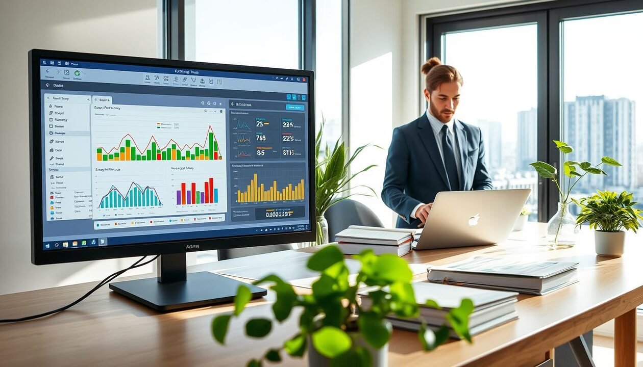 A modern workspace illustrating the concept of energy performance and sustainable projects. In the foreground, a computer screen displaying the Ademe energy performance simulator interface, showcasing colorful graphs and metrics. To the right, a professional in business attire, focused on analyzing data, with a laptop open beside them. In the middle ground, a clean, organized desk with green plants symbolizing sustainability, along with books related to energy efficiency. The background features a window with natural light streaming in, casting soft shadows, and a view of a cityscape with eco-friendly buildings. Overall, the image conveys a bright, optimistic atmosphere, emphasizing the importance of energy performance in sustainable development.