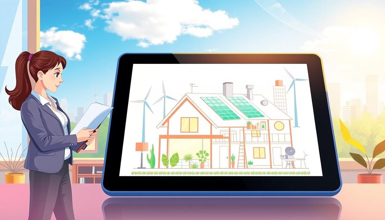 A vibrant illustration depicting the theme of financial assistance for energy renovation. In the foreground, a tablet displaying a detailed digital blueprint of a house, with green energy elements like solar panels and wind turbines. To the left, a professional woman in smart casual attire reviews renovation plans, showcasing a sense of purpose and innovation. In the middle ground, a cozy living room with energy-efficient appliances and LED lighting, signifying warmth and sustainability. The background features a cityscape under a bright blue sky, symbolizing progress and modernity. Soft, natural lighting bathes the scene, creating a hopeful atmosphere that emphasizes the importance of financial support in energy renovations. A vibrant illustration depicting the theme of financial assistance for energy renovation. In the foreground, a tablet displaying a detailed digital blueprint of a house, with green energy elements like solar panels and wind turbines. To the left, a professional woman in smart casual attire reviews renovation plans, showcasing a sense of purpose and innovation. In the middle ground, a cozy living room with energy-efficient appliances and LED lighting, signifying warmth and sustainability. The background features a cityscape under a bright blue sky, symbolizing progress and modernity. Soft, natural lighting bathes the scene, creating a hopeful atmosphere that emphasizes the importance of financial support in energy renovations.