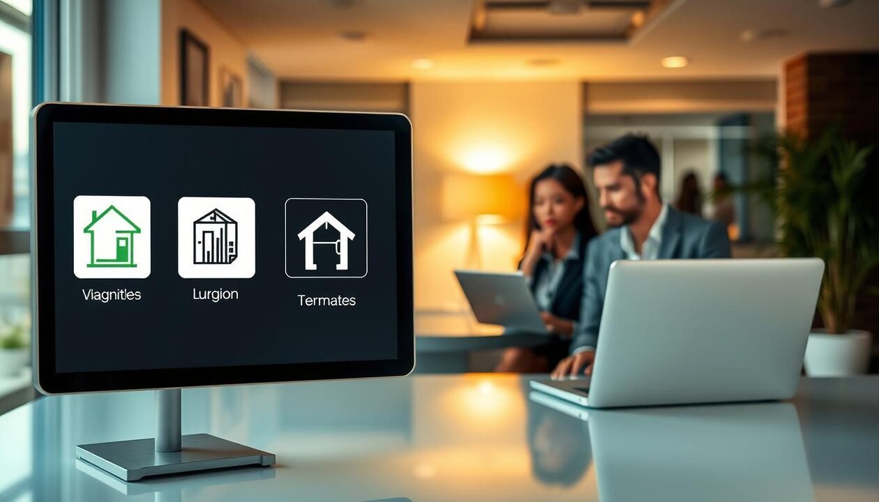 A visually informative illustration showcasing a comparison of the validity durations of different diagnostic types in real estate transactions. In the foreground, a sleek digital display or a professional presentation board featuring four distinct diagnostic icons (like energy efficiency, lead paint, termites, and electrical safety) with respective duration labels beneath each icon. In the middle ground, a diverse team of two professionals in business attire thoughtfully discussing the diagnostics with a laptop open, illuminated by soft, warm lighting. The background shows a modern office or conference room setting with subtle elements of a residential property, conveying professionalism and clarity. The atmosphere is engaging and focused, emphasizing the importance of understanding diagnostic validity in real estate.