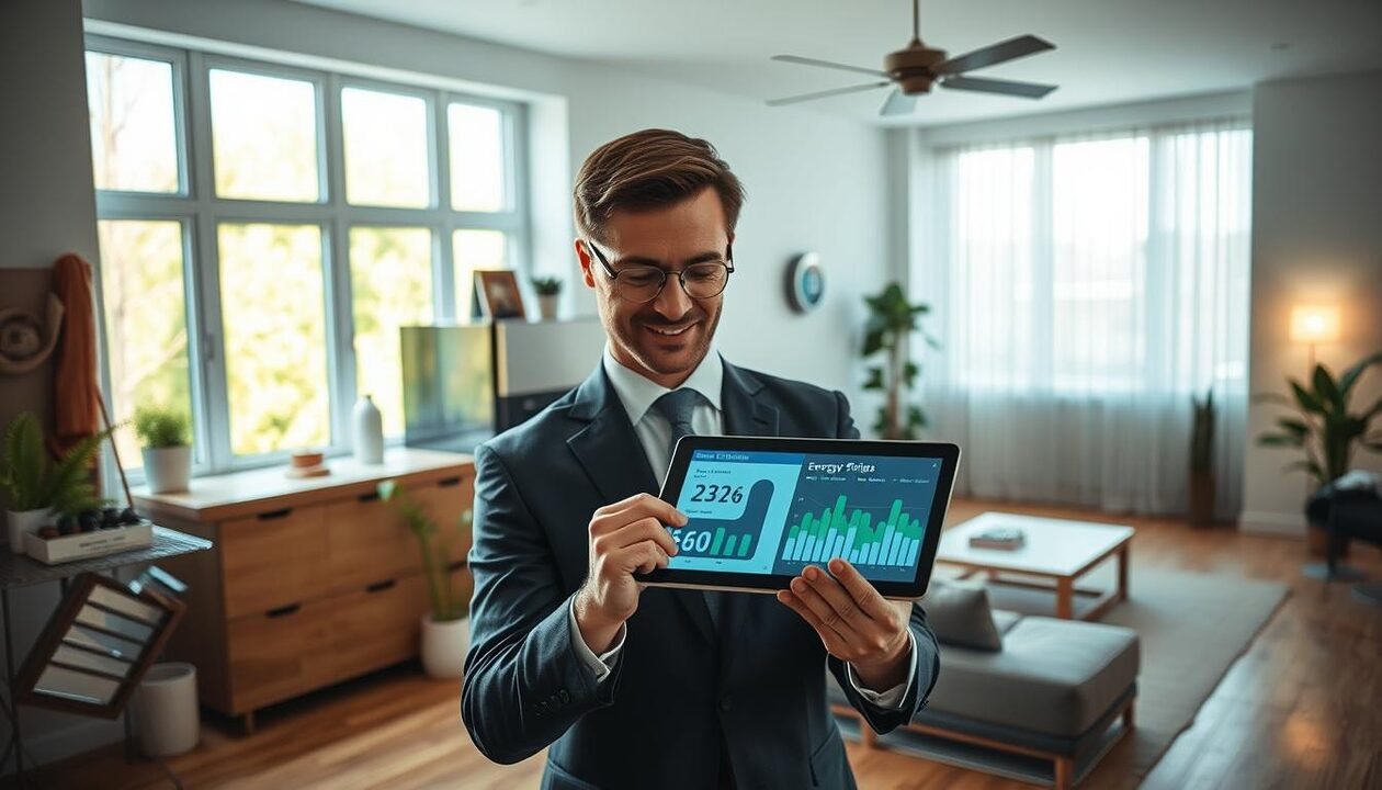 An interior scene of a modern living room demonstrating energy performance estimation. In the foreground, a well-dressed professional, a man in a suit, is analyzing a digital tablet displaying graphs and data related to energy efficiency. In the middle, a large window lets in natural light, illuminating energy-efficient appliances and a smart thermostat on the wall. Eco-friendly materials like bamboo flooring and energy-saving LED lights are visible. In the background, a cozy atmosphere is created with minimalistic furniture and plants. The mood is analytical yet optimistic, suggesting innovation in energy efficiency. The image captures the essence of a case study in energy performance simulation, emphasizing modern technology and eco-conscious living.