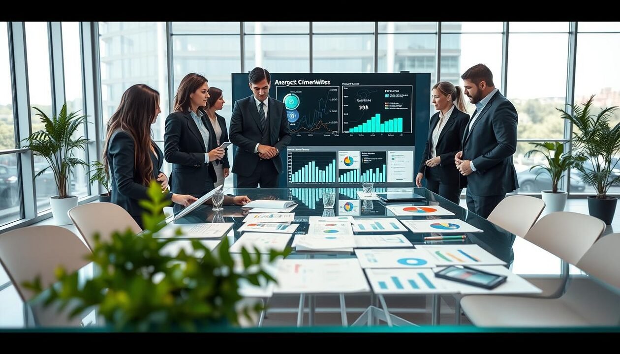 A conceptual representation of "double matérialité" and energy-climate compliance. In the foreground, a diverse group of professionals in business attire, engaged in lively discussion around a transparent table filled with documents and digital tablets, analyzing data related to sustainability. In the middle ground, a large screen displays interactive graphs and charts depicting climate impact metrics, surrounded by green plants to symbolize eco-friendliness. The background features a modern office space with large windows, allowing natural light to flood in, creating a bright and optimistic atmosphere. The overall mood is serious yet collaborative, highlighting the importance of analyzing double matérialité in climate compliance. Soft, warm lighting enhances a professional and inviting setting. A conceptual representation of "double matérialité" and energy-climate compliance. In the foreground, a diverse group of professionals in business attire, engaged in lively discussion around a transparent table filled with documents and digital tablets, analyzing data related to sustainability. In the middle ground, a large screen displays interactive graphs and charts depicting climate impact metrics, surrounded by green plants to symbolize eco-friendliness. The background features a modern office space with large windows, allowing natural light to flood in, creating a bright and optimistic atmosphere. The overall mood is serious yet collaborative, highlighting the importance of analyzing double matérialité in climate compliance. Soft, warm lighting enhances a professional and inviting setting.