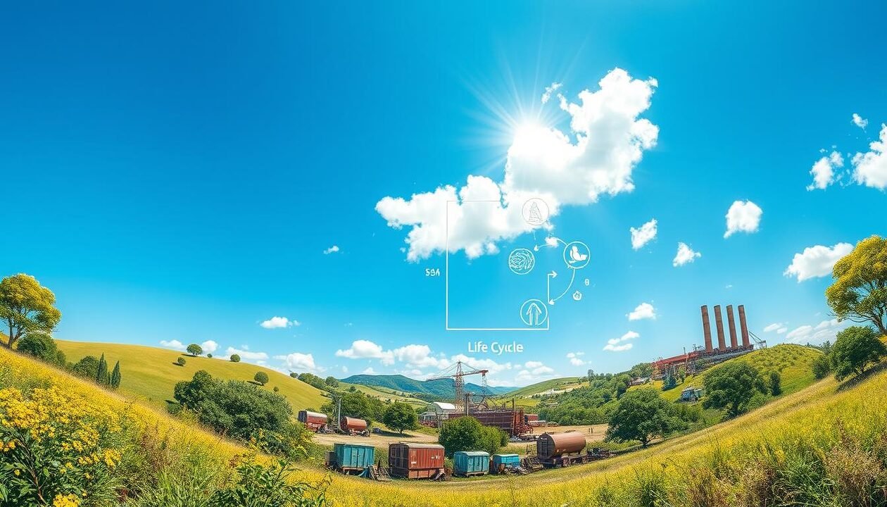 A detailed and vibrant illustration highlighting the environmental impact and product life cycle in eco-design. In the foreground, display a split diagram showcasing the stages of a product's life cycle—extraction, production, usage, and disposal—depicted with icons representing each phase. The middle ground features a lush landscape contrasted with industrial elements, symbolizing the balance between nature and manufacturing. In the background, a clear blue sky is dotted with clouds, signifying a hopeful future. Lighting should be bright and natural, emphasizing sustainability. Use a wide-angle view to encapsulate the interconnectedness of these elements. The overall mood should be informative yet optimistic, inspiring a sense of responsibility toward eco-friendly practices.