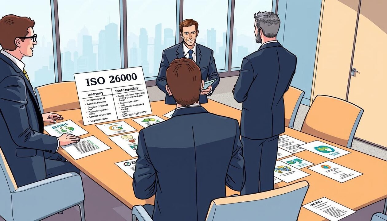A detailed and visually engaging illustration depicting the differences between ISO 26000 and ISO 14001 standards. In the foreground, a professional business meeting scene with two individuals, one presenting a chart comparing the two ISO standards, dressed in business suits. In the middle ground, a large table covered with documents depicting key aspects of ISO 26000 and ISO 14001, with icons representing social responsibility and environmental management. In the background, a modern office setting with a window showing a cityscape, conveying a sense of professionalism and corporate environment. The lighting is bright and clear, highlighting the presenters and documents, creating an atmosphere of clarity and insight. Ideal angle from slightly above to capture both the action and the details on the table. A detailed and visually engaging illustration depicting the differences between ISO 26000 and ISO 14001 standards. In the foreground, a professional business meeting scene with two individuals, one presenting a chart comparing the two ISO standards, dressed in business suits. In the middle ground, a large table covered with documents depicting key aspects of ISO 26000 and ISO 14001, with icons representing social responsibility and environmental management. In the background, a modern office setting with a window showing a cityscape, conveying a sense of professionalism and corporate environment. The lighting is bright and clear, highlighting the presenters and documents, creating an atmosphere of clarity and insight. Ideal angle from slightly above to capture both the action and the details on the table.