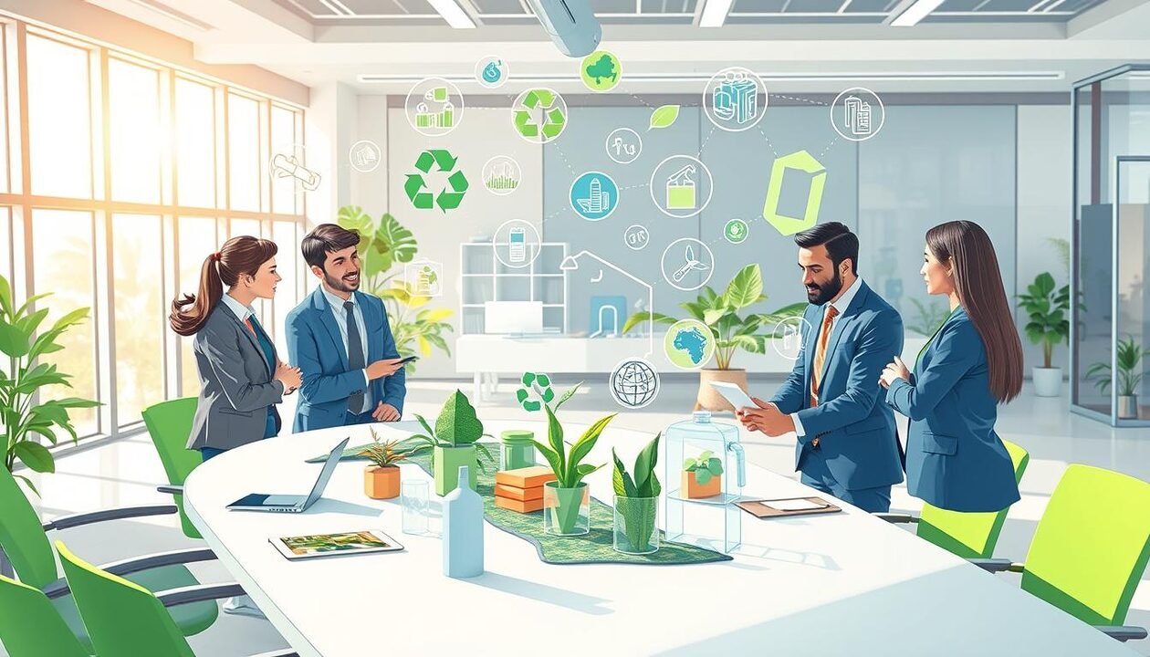 A detailed illustration depicting the concept of "levers for reduction and eco-design." In the foreground, a diverse group of professionals dressed in smart business attire collaboratively discuss eco-friendly product designs at a sleek conference table filled with sustainable materials. In the middle ground, visual representations of sustainable practices like recycling symbols, renewable energy icons, and eco-friendly product designs float around them, creating a dynamic interplay of ideas. The background features a bright, modern office space with large windows allowing sunlight to illuminate the scene, enhancing the atmosphere of innovation and forward-thinking. The color palette is vibrant, emphasizing greens and blues to represent sustainability. The overall mood is optimistic and collaborative, showcasing the importance of eco-conscious choices in product development.