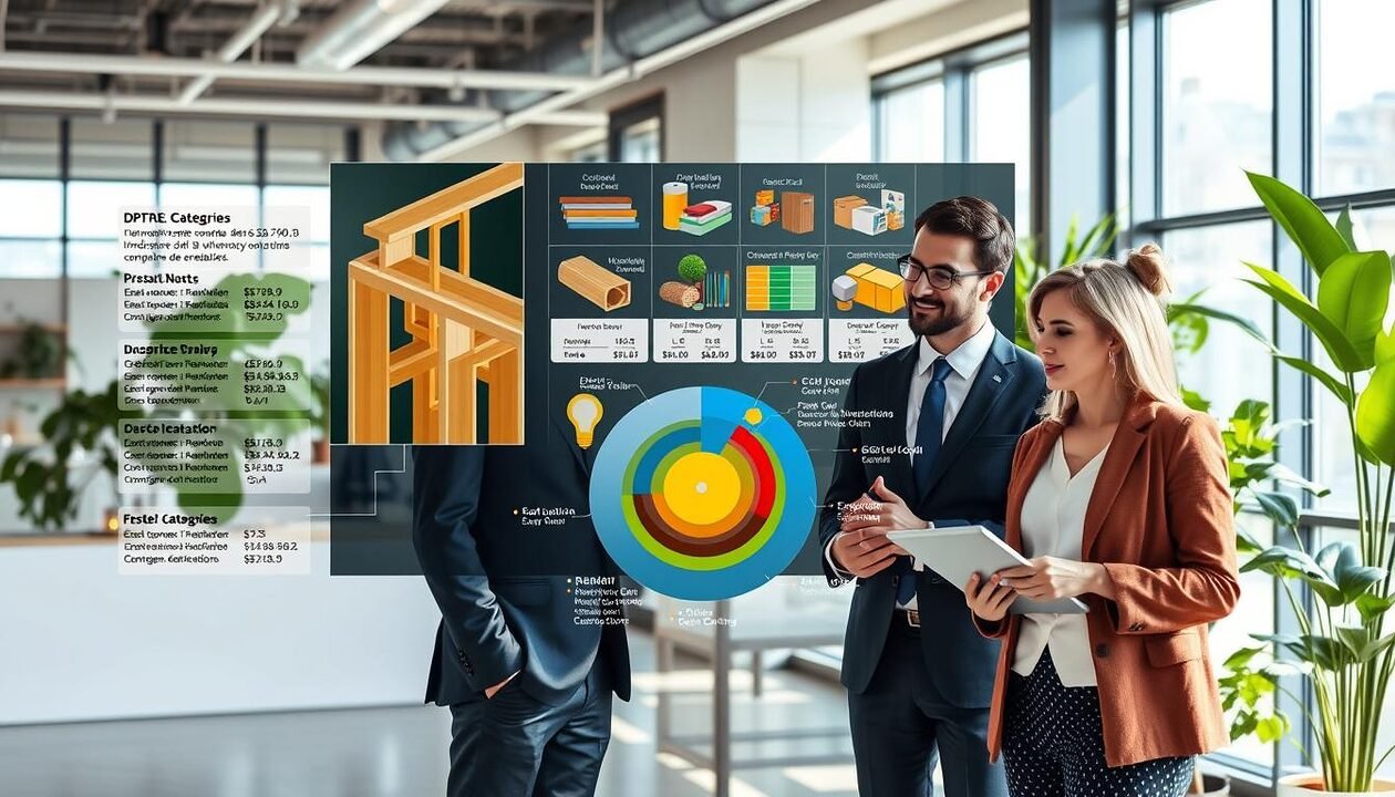 A detailed illustration of the costs associated with a DPE (Diagnostic de Performance Énergétique) presented in a professional setting. In the foreground, a diverse group of three professionals in business attire, including a woman with glasses, a man in a tailored suit, and a woman holding a tablet, discussing a colorful, layered pie chart representing the 12 cost categories. In the middle, a large visual display behind them shows various construction and energy efficiency elements, such as insulation materials, energy labels, and cost breakdowns. The background features a modern office environment with large windows, natural light streaming in, and green plants for a fresh atmosphere. The overall mood is focused and collaborative, highlighting the importance of financial planning for a successful DPE. A detailed illustration of the costs associated with a DPE (Diagnostic de Performance Énergétique) presented in a professional setting. In the foreground, a diverse group of three professionals in business attire, including a woman with glasses, a man in a tailored suit, and a woman holding a tablet, discussing a colorful, layered pie chart representing the 12 cost categories. In the middle, a large visual display behind them shows various construction and energy efficiency elements, such as insulation materials, energy labels, and cost breakdowns. The background features a modern office environment with large windows, natural light streaming in, and green plants for a fresh atmosphere. The overall mood is focused and collaborative, highlighting the importance of financial planning for a successful DPE.