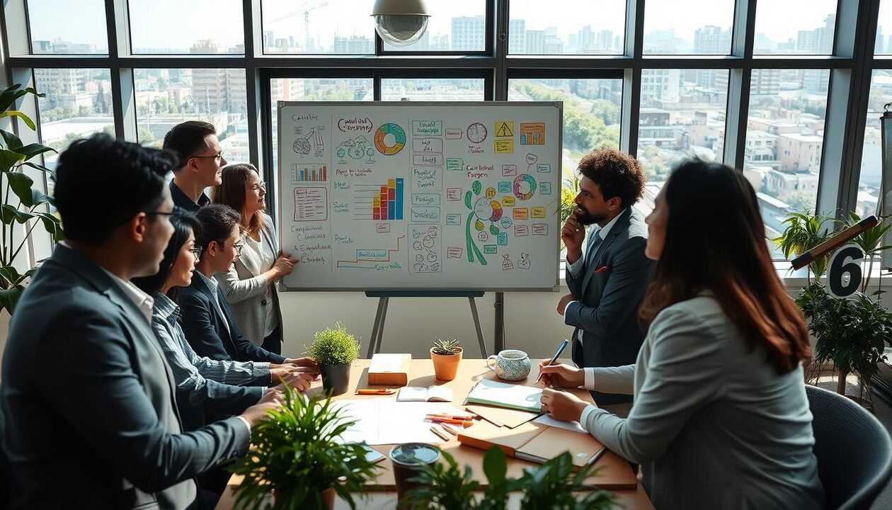 A dynamic office environment showcasing inspiring corporate social responsibility (CSR) actions. In the foreground, a group of diverse business professionals in smart attire are engaged in a brainstorming session, surrounded by eco-friendly materials like recycled paper and plants. The middle layer features a large whiteboard filled with colorful charts and ideas related to sustainable practices. In the background, large windows reveal a vibrant cityscape with solar panels and green rooftops. The lighting is bright and natural, streaming in through the windows, creating an atmosphere of innovation and collaboration. The camera angle is slightly elevated, capturing the energy and enthusiasm of the team as they work towards making a positive impact. A dynamic office environment showcasing inspiring corporate social responsibility (CSR) actions. In the foreground, a group of diverse business professionals in smart attire are engaged in a brainstorming session, surrounded by eco-friendly materials like recycled paper and plants. The middle layer features a large whiteboard filled with colorful charts and ideas related to sustainable practices. In the background, large windows reveal a vibrant cityscape with solar panels and green rooftops. The lighting is bright and natural, streaming in through the windows, creating an atmosphere of innovation and collaboration. The camera angle is slightly elevated, capturing the energy and enthusiasm of the team as they work towards making a positive impact.