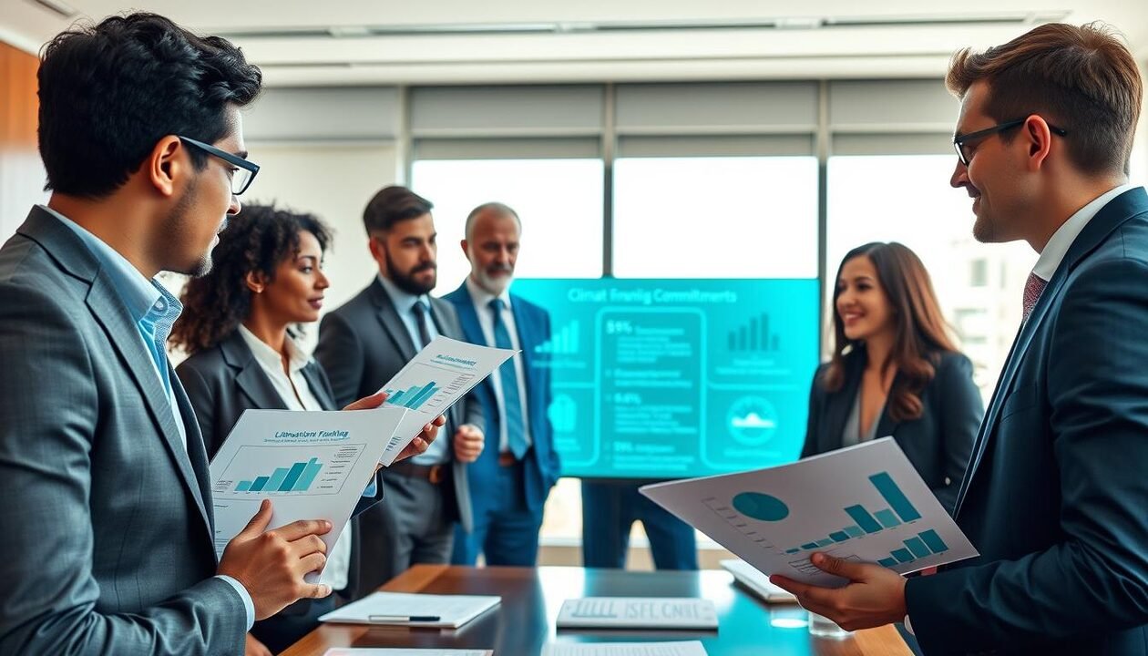 A dynamic scene depicting a diverse group of professional individuals in business attire engaged in a discussion about climate financing and international commitments. In the foreground, two individuals are exchanging documents, highlighting graphs and charts that illustrate climate funding statistics. In the middle ground, a digital screen displays various international agreements and climate goals, emanating a soft blue light, symbolizing hope and collaboration. The background features a conference room with large windows allowing natural light to flood in, creating a bright, optimistic atmosphere. The color palette consists of greens, blues, and earth tones to reflect environmental themes. The composition is shot from a slightly low angle to emphasize the importance of the discussions taking place. A dynamic scene depicting a diverse group of professional individuals in business attire engaged in a discussion about climate financing and international commitments. In the foreground, two individuals are exchanging documents, highlighting graphs and charts that illustrate climate funding statistics. In the middle ground, a digital screen displays various international agreements and climate goals, emanating a soft blue light, symbolizing hope and collaboration. The background features a conference room with large windows allowing natural light to flood in, creating a bright, optimistic atmosphere. The color palette consists of greens, blues, and earth tones to reflect environmental themes. The composition is shot from a slightly low angle to emphasize the importance of the discussions taking place.