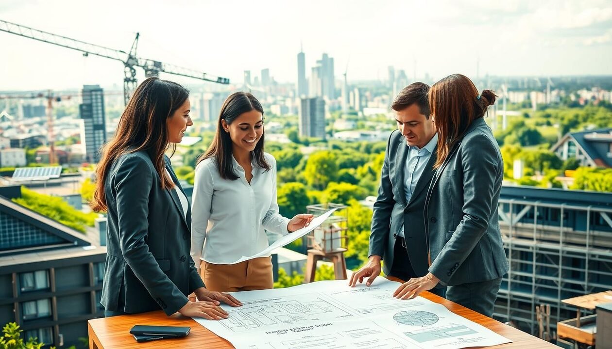 A modern construction site showcasing sustainable building practices, featuring a mix of green architecture and solar panels on rooftops. In the foreground, a diverse group of professionals in business attire discusses plans with blueprints spread on a table, embodying collaboration in the green building sector. The middle ground displays cranes and scaffolding with eco-friendly materials, like bamboo and recycled steel being used. In the background, an urban skyline with lush green spaces and wind turbines reflects a commitment to sustainability. Soft, natural lighting highlights the scene, creating an optimistic atmosphere. The image captures the essence of "Pacte vert et secteur du bâtiment," emphasizing teamwork and innovation in the era of green construction.