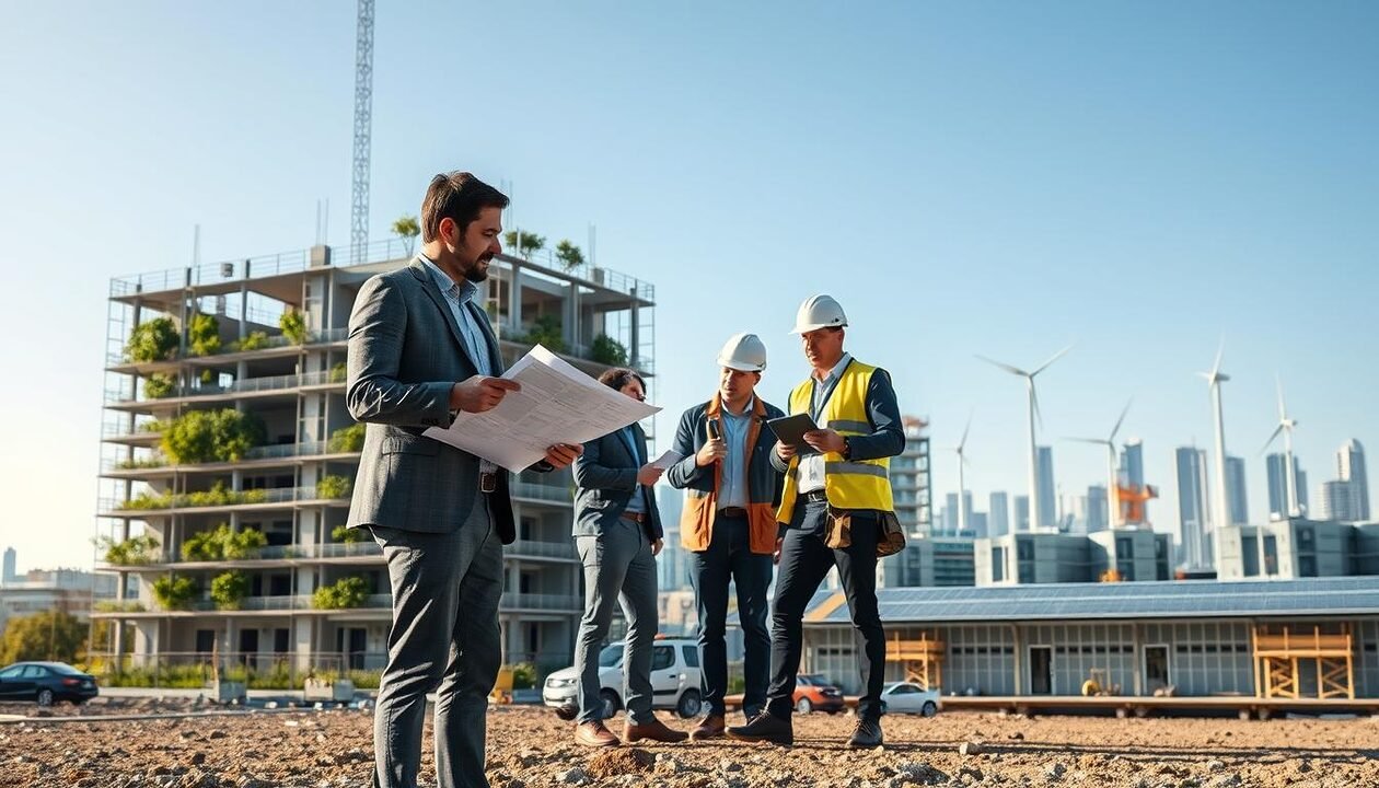 A modern construction site showcasing the impact of ESG regulations on building design. In the foreground, an architect in smart casual attire examines blueprints while standing next to an eco-friendly building structure, partially made of sustainable materials. The middle ground features a team of engineers discussing energy-efficient technologies and green roofs, surrounded by construction tools and machinery incorporating renewable energy sources. The background reveals a city skyline with solar panels and wind turbines integrated into buildings, under a clear blue sky, symbolizing progress and sustainability. Soft, natural lighting enhances the professional atmosphere, capturing a sense of innovation and responsibility in the building sector.