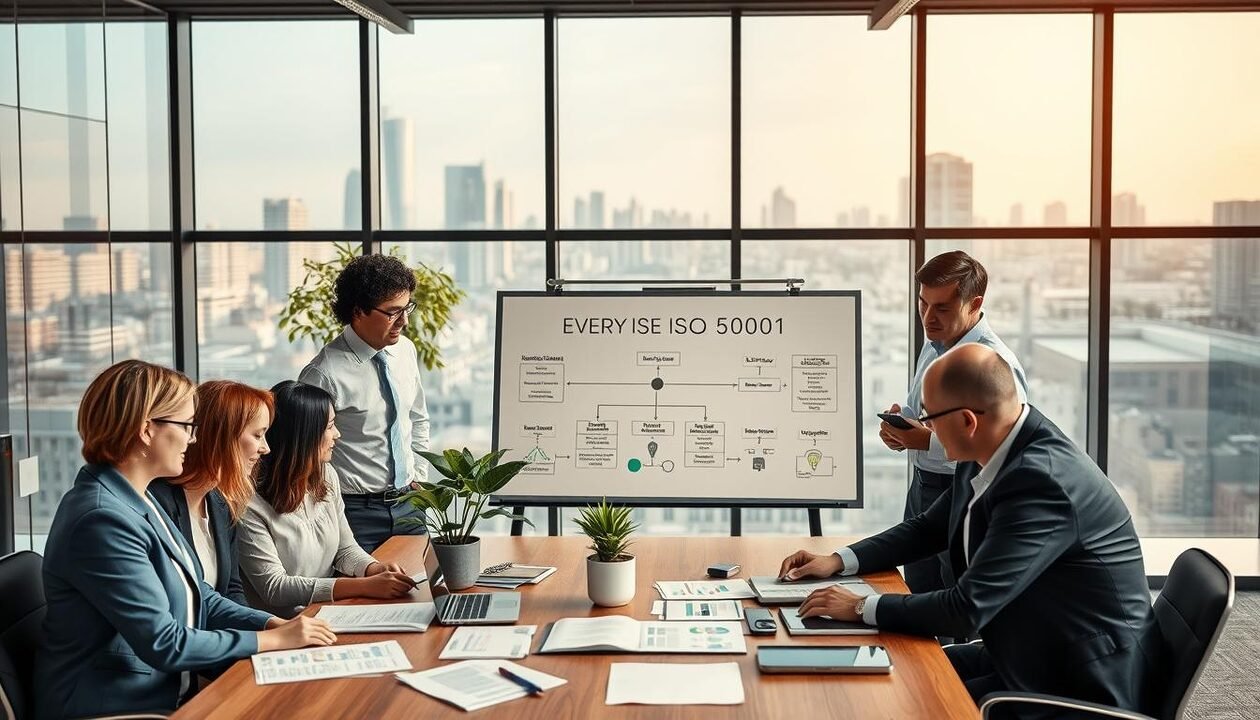 A modern corporate office environment illustrating the implementation of ISO 50001. In the foreground, a diverse team of professionals in business attire collaborates over a table filled with documents, charts, and digital devices, symbolizing energy management strategies. In the middle, a large whiteboard displays a flowchart of energy efficiency initiatives, while a plant in a pot adds a touch of green to the scene. The background shows large windows with a view of a city skyline, allowing natural light to flood the room. The atmosphere is focused and productive, with warm lighting emphasizing the teamwork and dedication to sustainability. The angle is slightly elevated, providing a comprehensive view of the collaborative effort.