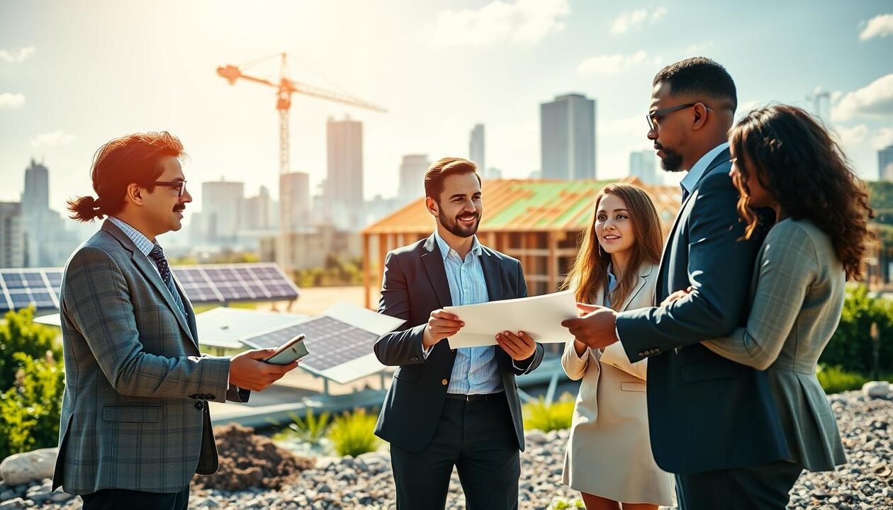 A modern, eco-friendly building site showcasing the benefits of ISO 14001 certification in the construction sector. In the foreground, convey a diverse group of professionals in business attire discussing plans, with a digital tablet in hand, emphasizing collaboration. The middle ground features a partially constructed building displaying green materials and solar panels, symbolizing energy efficiency. In the background, an urban skyline blends with green spaces, highlighting sustainability. Use vibrant sunlight to create shadows, enhancing the focus on the team and construction. Capture a sense of optimism and progress in the atmosphere, reflecting environmental responsibility and innovation in energy-climate practices. A modern, eco-friendly building site showcasing the benefits of ISO 14001 certification in the construction sector. In the foreground, convey a diverse group of professionals in business attire discussing plans, with a digital tablet in hand, emphasizing collaboration. The middle ground features a partially constructed building displaying green materials and solar panels, symbolizing energy efficiency. In the background, an urban skyline blends with green spaces, highlighting sustainability. Use vibrant sunlight to create shadows, enhancing the focus on the team and construction. Capture a sense of optimism and progress in the atmosphere, reflecting environmental responsibility and innovation in energy-climate practices.