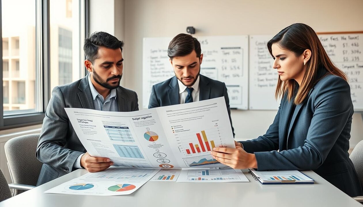 A professional business environment showcasing the factors influencing budget diagnostics in apartment evaluation. In the foreground, a diverse group of three professionals—two men and one woman—are analyzing a financial report at a conference table. They are dressed in smart business attire, focused on charts and graphs depicting various cost elements like inspection fees, energy performance assessments, and potential repair expenses. In the middle ground, a modern office with large windows provides natural light, emphasizing a collaborative and serious atmosphere. The background features a whiteboard with key terms and figures related to budget diagnostics, enhancing the informative aspect of the scene. The overall mood should be one of professionalism and analytical rigor, suitable for an insightful article section.