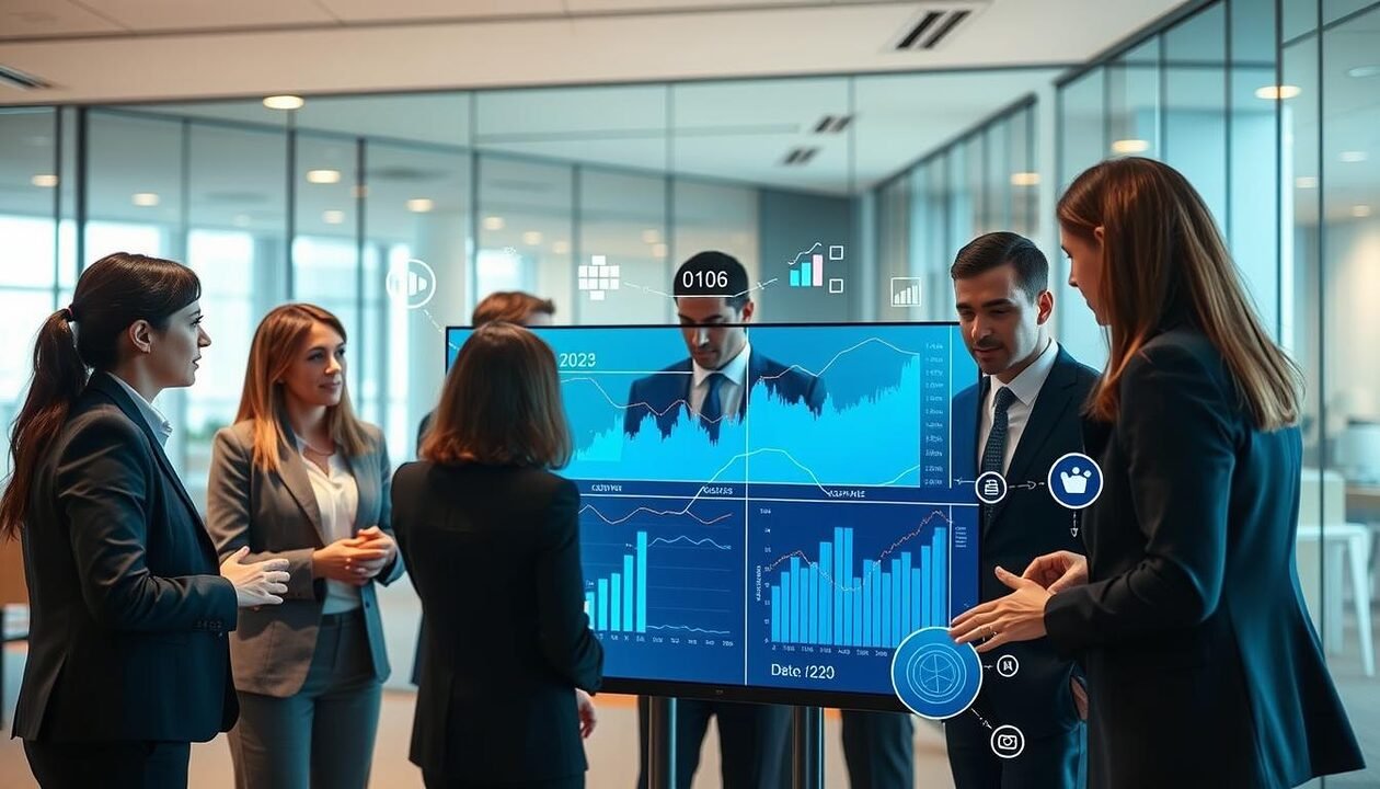 A professional business environment showcasing the transformation of complex norms into actionable information for companies. In the foreground, a diverse group of business professionals in business attire is engaged in a discussion around a large digital touchscreen displaying graphs and data visualizations. The middle ground features abstract representations of data flows, such as dynamic lines and icons symbolizing metrics, analysis, and actionable insights. In the background, a modern office space with glass walls reflects a bright and open atmosphere, illuminated by soft natural lighting. The overall mood is focused and collaborative, emphasizing innovation and clarity in navigating complex information towards informed business decisions. A professional business environment showcasing the transformation of complex norms into actionable information for companies. In the foreground, a diverse group of business professionals in business attire is engaged in a discussion around a large digital touchscreen displaying graphs and data visualizations. The middle ground features abstract representations of data flows, such as dynamic lines and icons symbolizing metrics, analysis, and actionable insights. In the background, a modern office space with glass walls reflects a bright and open atmosphere, illuminated by soft natural lighting. The overall mood is focused and collaborative, emphasizing innovation and clarity in navigating complex information towards informed business decisions.