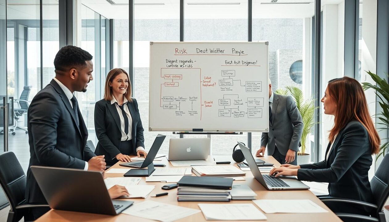 A professional business scene illustrating "Diligence raisonnée et contrôle des risques." In the foreground, a diverse group of three business professionals, dressed in smart business attire, are engaged in a focused discussion around a table full of documents, charts, and laptops. In the middle ground, a large whiteboard features flowcharts and key points about risk management and due diligence principles. In the background, a modern office space with large windows floods the scene with natural light, creating a bright and optimistic atmosphere. The lens captures the scene from a slightly elevated angle, emphasizing collaboration and strategic thinking. Aim for a clean and organized composition that conveys professionalism, diligence, and foresight in decision-making.
