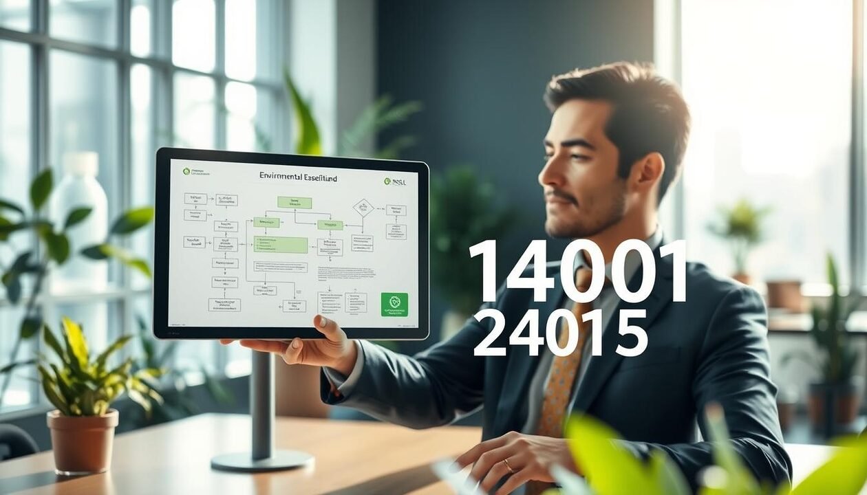 A professional business setting showcasing the essence of ISO 14001:2015. In the foreground, a well-dressed business professional, male or female, is analyzing a detailed flowchart on a digital screen, symbolizing the environmental management standard. The middle ground features a clean, modern office environment with green plants and eco-friendly decor, reinforcing sustainability themes. The background is softly blurred to highlight the subject, with sunlight streaming through large windows, creating a bright and optimistic atmosphere. The overall mood exudes professionalism and commitment to environmental responsibility, with a focus on clear lines and an organized aesthetic. The perspective is slightly angled to capture the dynamics of the workspace. A professional business setting showcasing the essence of ISO 14001:2015. In the foreground, a well-dressed business professional, male or female, is analyzing a detailed flowchart on a digital screen, symbolizing the environmental management standard. The middle ground features a clean, modern office environment with green plants and eco-friendly decor, reinforcing sustainability themes. The background is softly blurred to highlight the subject, with sunlight streaming through large windows, creating a bright and optimistic atmosphere. The overall mood exudes professionalism and commitment to environmental responsibility, with a focus on clear lines and an organized aesthetic. The perspective is slightly angled to capture the dynamics of the workspace.