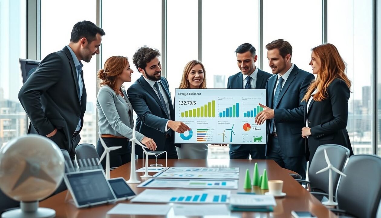 A professional business team gathered around a modern conference table, analyzing charts and graphs related to energy optimization and carbon footprint reduction. In the foreground, a diverse group of two men and two women, dressed in smart business attire, engages enthusiastically in discussion, pointing at a large digital screen displaying energy efficiency statistics. In the middle ground, various eco-friendly and energy-efficient technologies, like solar panels and wind turbines, are subtly integrated into the conference room's decor. The background features large windows revealing a bright, sunny cityscape, symbolizing a green future. The lighting is bright and clean, with a focus on the team’s expressions of determination and collaboration, evoking a sense of hope and innovation in addressing climate change.