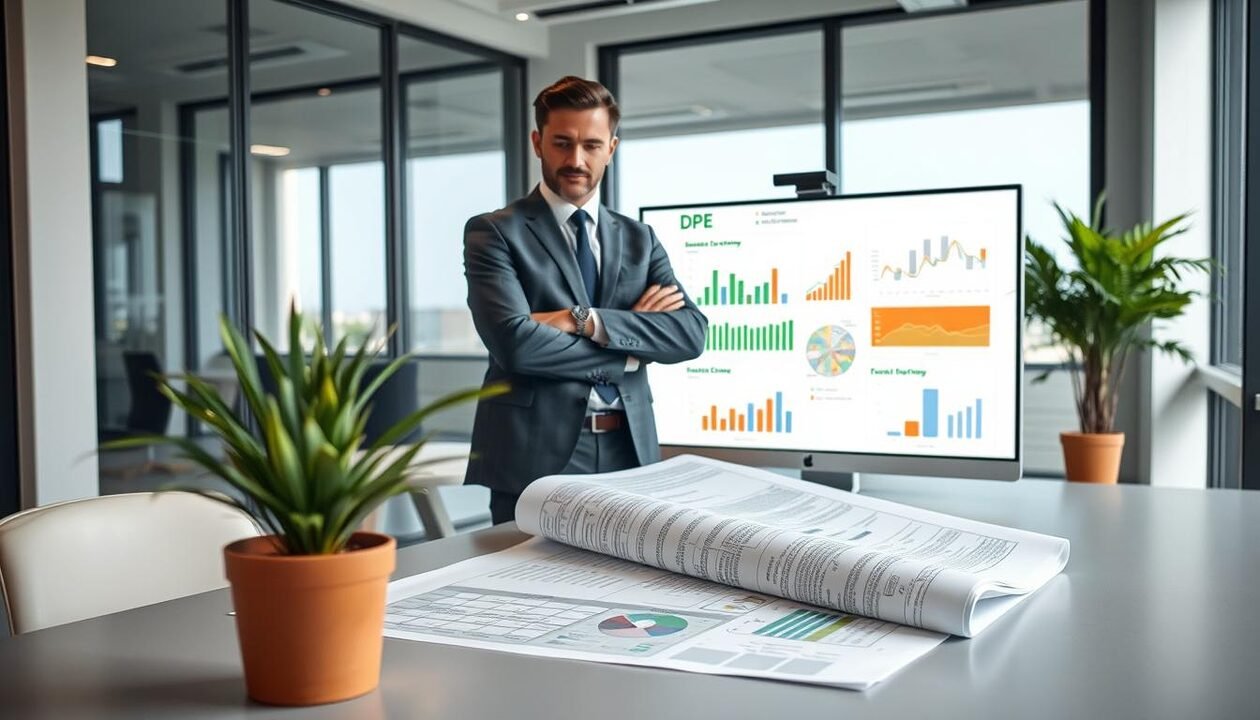 A professional consultant stands confidently in a modern office setting, reviewing energy efficiency plans on a large document spread across a sleek desk. In the foreground, a potted plant adds a touch of greenery, highlighting eco-friendly elements. The middle of the scene features a computer screen displaying graphs and diagrams related to DPE (Diagnostic de Performance Énergétique). In the background, large windows allow natural light to filter in, creating an inviting atmosphere that suggests collaboration and expertise. The lighting is bright yet soft, emphasizing the seriousness and professionalism of the environment. The consultant is dressed in smart business attire, exuding a sense of trust and competence. The overall mood conveys a blend of practicality and expertise, inviting viewers to take actionable steps toward improving energy performance.