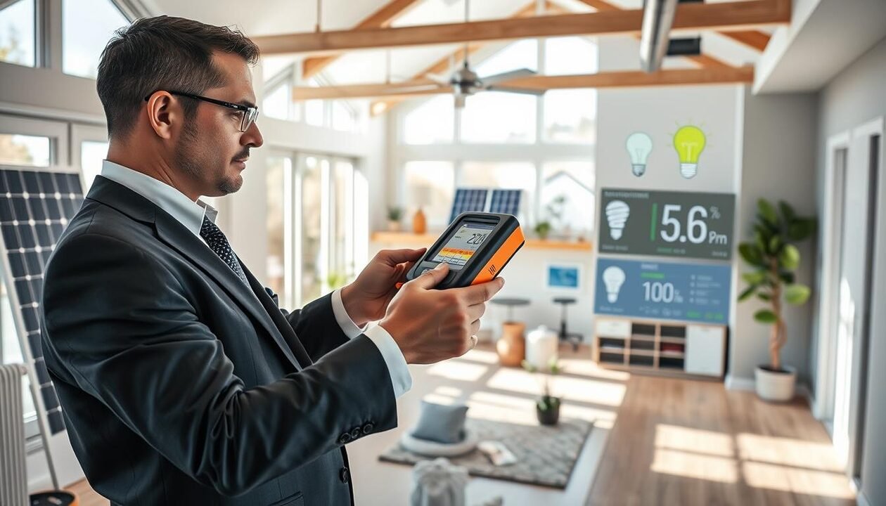 A professional energy performance diagnostic scene. In the foreground, a focused energy assessor in a business suit inspects a modern home using a hand-held energy analyzer. They are examining the home’s insulation and energy systems, including windows and heating equipment. The middle ground features an open floor plan showcasing eco-friendly elements such as solar panels, energy-efficient light bulbs, and a digital display of energy consumption. In the background, a bright, airy interior bathed in natural light enhances the feel of an efficient, sustainable living space. The atmosphere is analytical yet hopeful, implying a transition towards energy efficiency, with a color palette of greens and blues to symbolize sustainability. The composition reflects a trend towards energy awareness and the financial considerations associated with energy efficiency improvements.