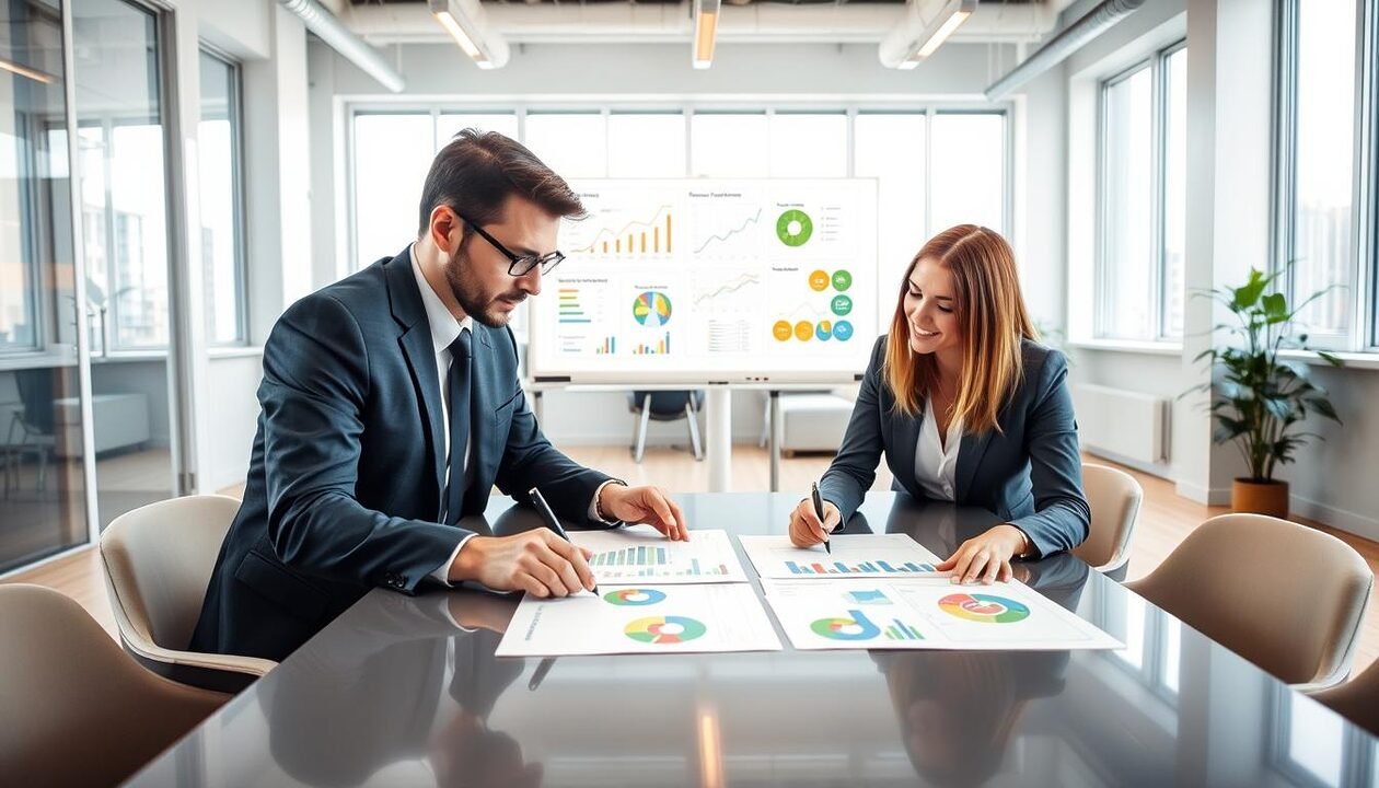 A professional, modern office setting showcasing a collaborative meeting focusing on energy performance diagnostics for apartment buildings. In the foreground, two individuals in business attire are examining energy performance charts and graphs on a sleek table, with focused expressions. In the middle, a large whiteboard displays colorful diagrams related to energy efficiency and sustainability. The background reveals a bright, airy office space with large windows letting in natural light, creating an optimistic and productive atmosphere. Use a wide-angle lens to capture the interaction and setting, with soft, diffused lighting to enhance clarity and warmth while ensuring the image remains inviting and informative.
