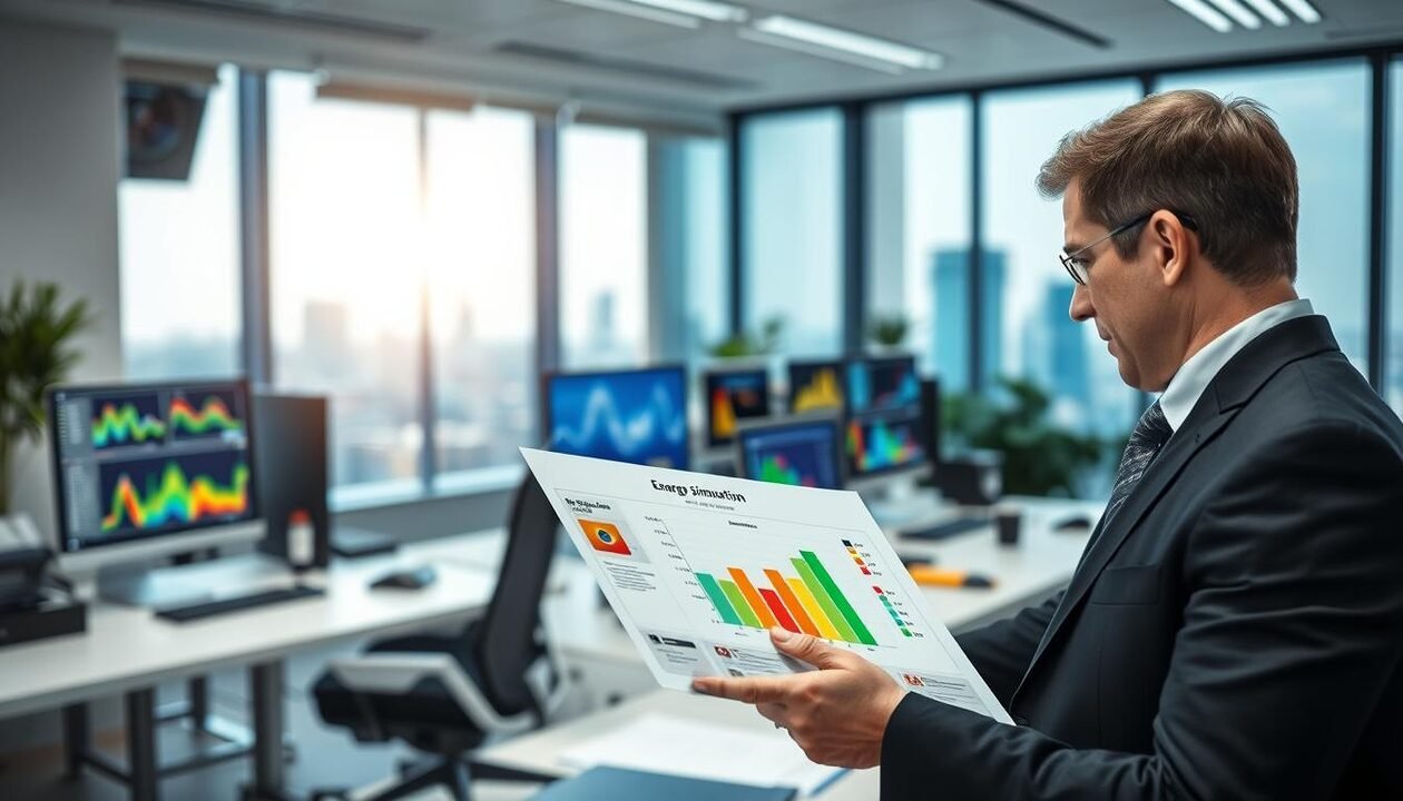 A professional office environment focused on energy efficiency and simulations. In the foreground, a well-dressed individual examines a detailed chart of energy performance indicators, analyzing key aspects of a DPE (Diagnostic de Performance Énergétique). The middle section features a modern workspace filled with computers and digital screens displaying colorful graphs and energy simulation data. In the background, a large window reveals a bright, solar-lit cityscape, symbolizing energy optimization. Soft natural lighting enhances the professional atmosphere, while a slight depth of field softly blurs the background to keep the focus on the person and their analysis. The image conveys a sense of professionalism, focus, and the importance of understanding energy performance before making informed decisions. A professional office environment focused on energy efficiency and simulations. In the foreground, a well-dressed individual examines a detailed chart of energy performance indicators, analyzing key aspects of a DPE (Diagnostic de Performance Énergétique). The middle section features a modern workspace filled with computers and digital screens displaying colorful graphs and energy simulation data. In the background, a large window reveals a bright, solar-lit cityscape, symbolizing energy optimization. Soft natural lighting enhances the professional atmosphere, while a slight depth of field softly blurs the background to keep the focus on the person and their analysis. The image conveys a sense of professionalism, focus, and the importance of understanding energy performance before making informed decisions.
