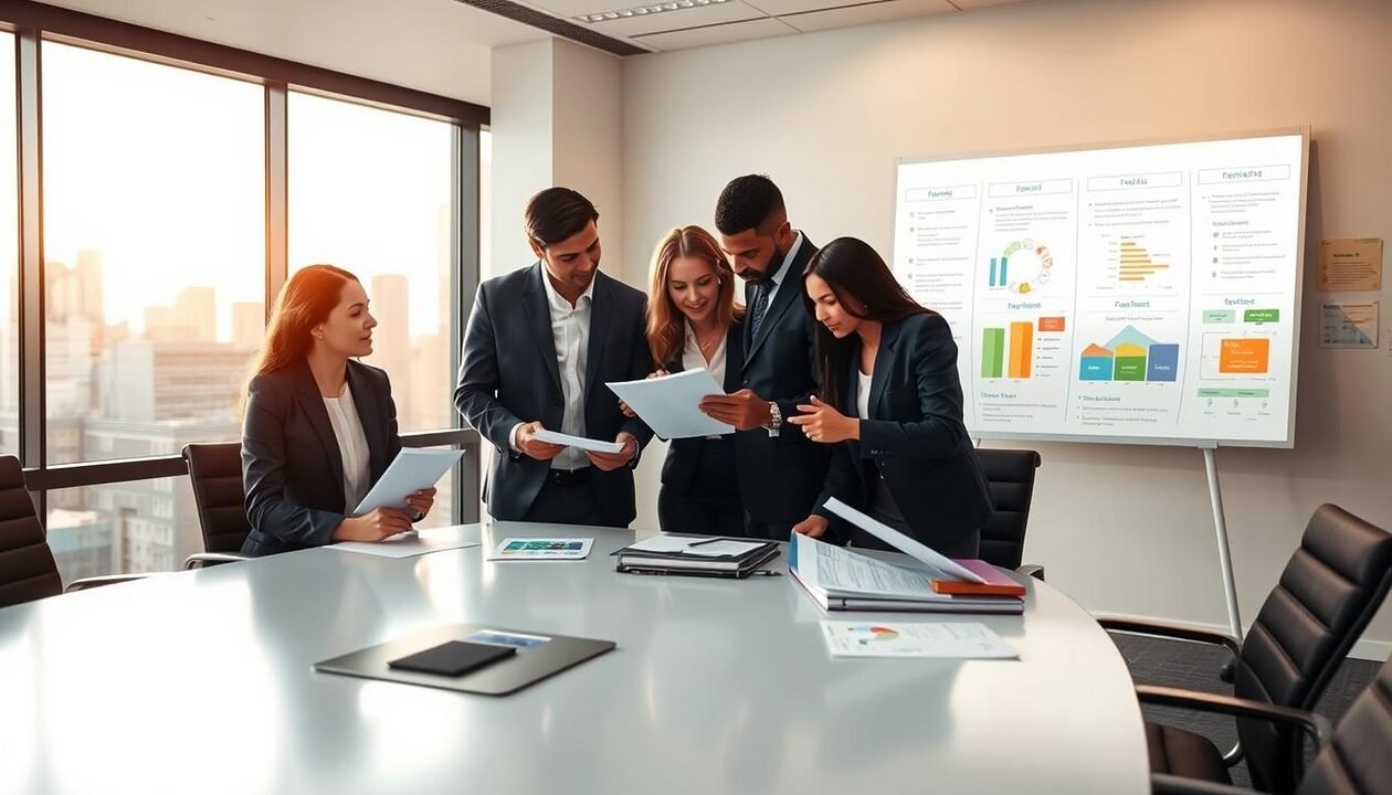 A professional office environment, focusing on a modern workspace dedicated to ESG reporting and compliance. In the foreground, a diverse group of three professionals in business attire are engaging in a collaborative discussion around a sleek conference table. They examine documents and digital devices displaying charts and compliance tools. In the middle ground, an expansive window reveals a cityscape bathed in warm, natural light, creating an inviting atmosphere. To the background, a whiteboard filled with colorful diagrams and ESG goals symbolizes the transformation of regulations into actionable strategies. The overall mood is one of determination and innovation, captured with a slightly elevated angle to highlight both the professionals and their working environment while maintaining sharp focus.
