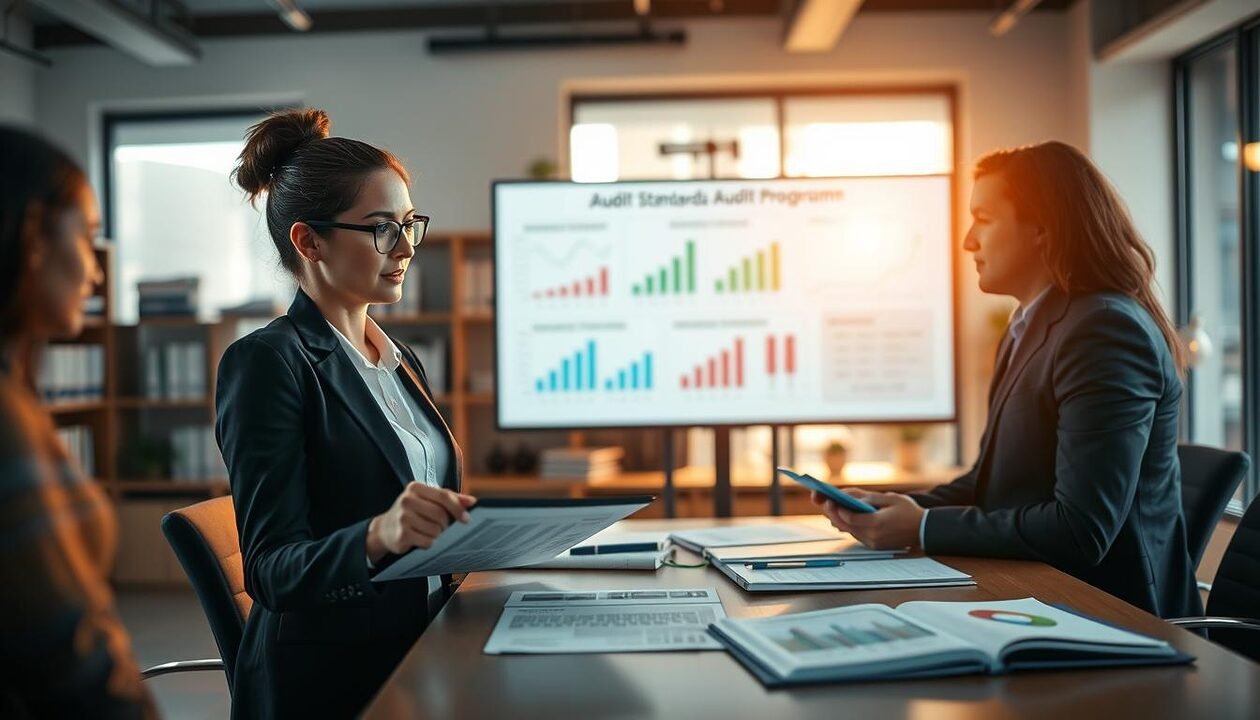 A professional office environment showcasing a diverse group of auditors engaged in a strategy session. In the foreground, a focused woman in business attire presents a detailed audit program on a digital tablet, while a man beside her takes notes. In the middle ground, a large screen displays charts and graphs symbolizing continuous improvement in energy-climate compliance, with ISO 19011 standards subtly referenced. The background features shelves with books and reports on environmental management, slightly blurred to keep attention on the auditors. The lighting is warm and ambient, with a hint of sunlight filtering through large windows, creating an atmosphere of collaboration and innovation. The overall mood should evoke professionalism and diligence in optimizing audit processes.