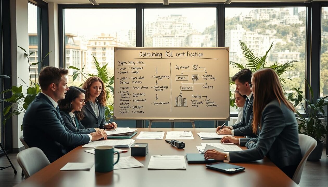 A professional office setting with an emphasis on "obtaining RSE certification." In the foreground, a diverse group of business professionals in smart attire are engaged in a discussion around a large table, analyzing documents and graphs illustrating sustainability efforts. The middle layer shows a large whiteboard with key steps for obtaining the label RSE, including bullet points and flowcharts. In the background, there are plants symbolizing eco-friendliness, and large windows letting in natural light to create a bright, optimistic atmosphere. The scene conveys teamwork and determination, capturing the essence of corporate responsibility and sustainability. Soft, warm lighting enhances the professional ambiance, while a slight perspective angle adds depth to the scene.
