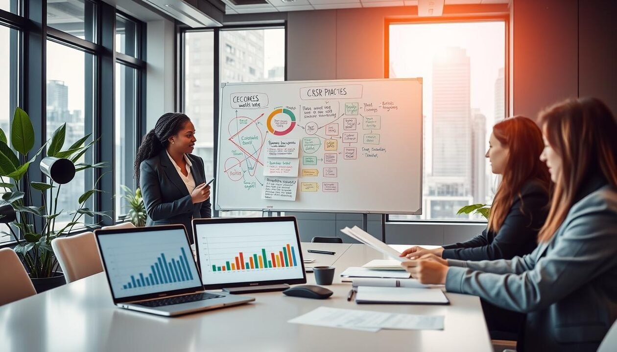A professional office space focused on Corporate Social Responsibility (CSR) strategy implementation. In the foreground, a diverse group of three business professionals in smart attire, reviewing documents and discussing ideas around a modern conference table. The middle layer features a large whiteboard filled with colorful diagrams and notes on CSR practices, while a laptop displays a chart showcasing sustainability metrics. In the background, large windows let in natural light, illuminating green plants and a cityscape. The atmosphere is collaborative, inspiring, and focused, reflecting a dynamic workplace dedicated to sustainable growth and ethical practices. The image conveys urgency and purpose, highlighting practical advice for CSR strategy development.