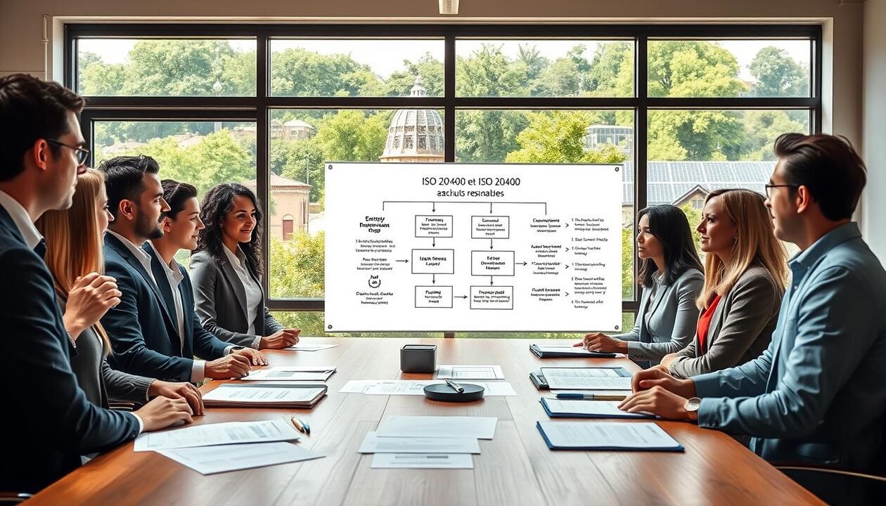 A professional scene illustrating the concept of "ISO 20400 et achats responsables." In the foreground, a diverse group of business professionals in smart casual attire are engaged in a discussion around a large wooden table covered with documents and sustainability reports. In the middle ground, a whiteboard displays a flowchart of integration steps for ISO 20400, with clear diagrams and bullet points related to energy and climate. In the background, a large window provides a view of a green cityscape, highlighting eco-friendly buildings and solar panels. The lighting is bright and natural, casting soft shadows to create an inviting and productive atmosphere. The overall mood is focused and collaborative, capturing the essence of responsible purchasing practices in a corporate setting.
