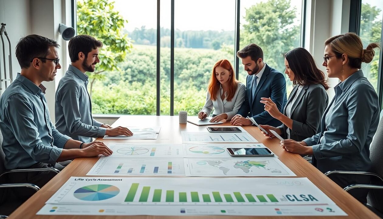 A professional setting illustrating the life cycle assessment (LCA) process, featuring a diverse group of individuals in business attire analyzing environmental impacts. In the foreground, a well-lit conference table is covered with charts and eco-friendly diagrams, showcasing stages of LCA. In the middle ground, team members engage in discussions, with digital devices displaying data visuals. The background presents a large window revealing a green landscape, symbolizing sustainability. Soft, natural lighting enhances the atmosphere, conveying a sense of collaboration and responsibility. The composition captures the essence of evaluating ecological footprints and fostering an environmentally-friendly approach to business.