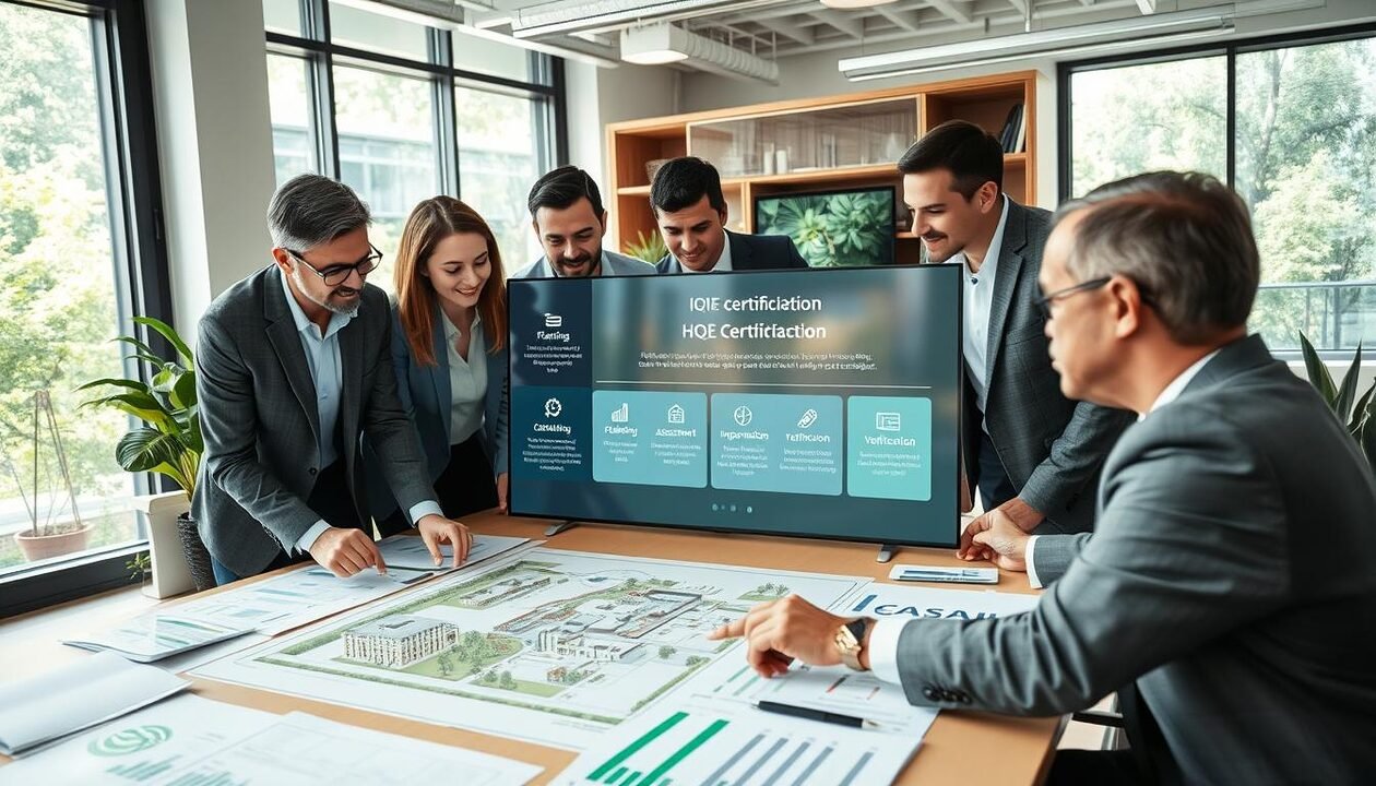 A professional team in a modern office setting, strategizing over a table full of documents, charts, and green building plans. The foreground features diverse business professionals in smart business attire, actively discussing while pointing at an architectural design illustrating HQE certification steps. In the middle, a large digital interactive screen displays the key stages of obtaining HQE certification, including planning, assessment, implementation, and verification. The background showcases a bright, airy workspace with large windows, greenery visible outside, and sustainable materials accentuating the room's design. Soft, natural lighting illuminates the scene, creating an optimistic and focused atmosphere, conveying teamwork and innovation in sustainable architecture.
