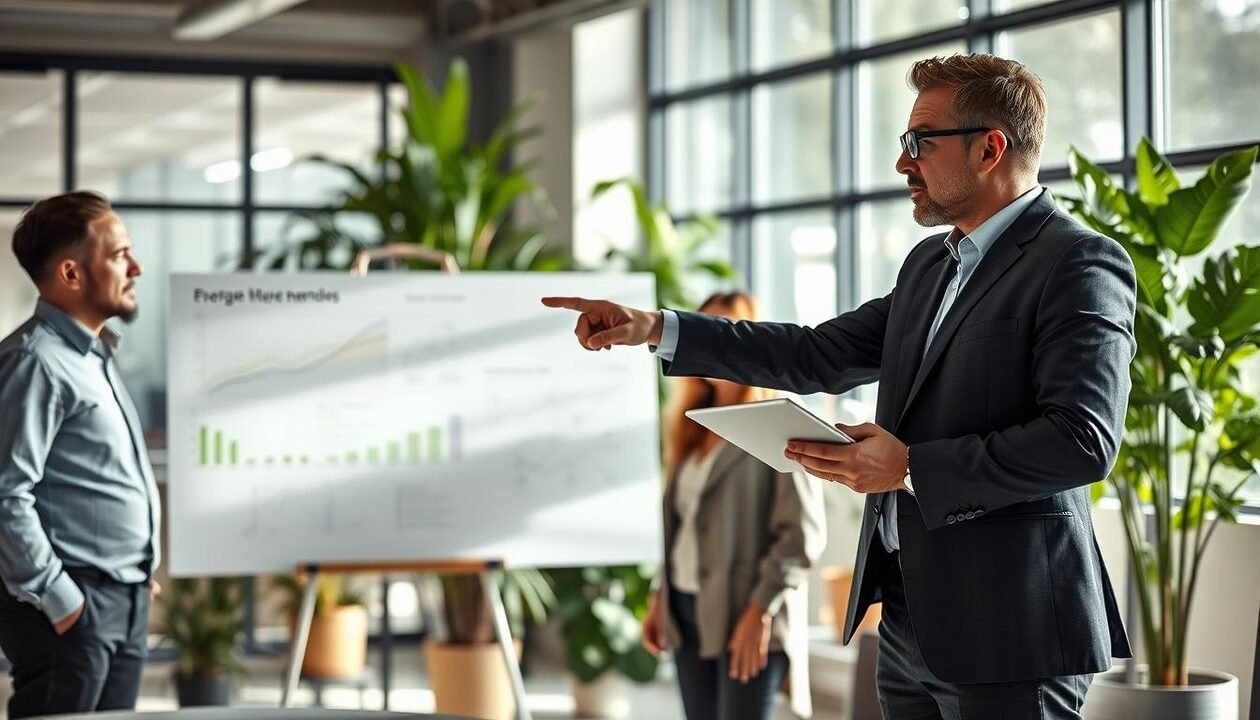 A professional team of architects and energy consultants discussing "optimisation des projets de rénovation énergétique" in a modern office setting. In the foreground, a confident architect in business attire points to a digital tablet displaying renovation plans. In the middle, a large whiteboard filled with graphs and energy efficiency diagrams. In the background, large windows allow natural light to flood in, highlighting green plants and energy-efficient materials. The atmosphere is collaborative and innovative, emphasizing sustainability and modern design. Use soft, diffused lighting to create a warm and inviting ambiance, capturing the essence of teamwork and forward-thinking in energy renovation projects. The composition should convey a sense of professionalism and creativity.
