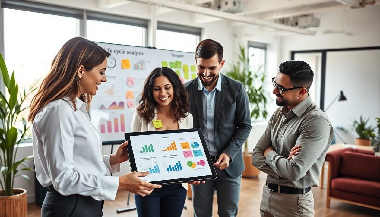 A serene and professional office environment illustrating the concept of life cycle analysis and eco-design. In the foreground, a diverse group of three professionals, one woman and two men, are engaged in an animated discussion around a digital tablet displaying graphs and eco-friendly product designs. They are dressed in smart casual attire. The middle ground features a large whiteboard filled with colorful charts and post-it notes that visualize sustainability concepts. The background shows a bright, modern office with large windows letting in natural light, indoor plants, and sustainable materials like bamboo furniture. The atmosphere is collaborative and innovative, conveying a sense of urgency and action towards environmental responsibility, captured with a wide-angle lens for a dynamic feel.