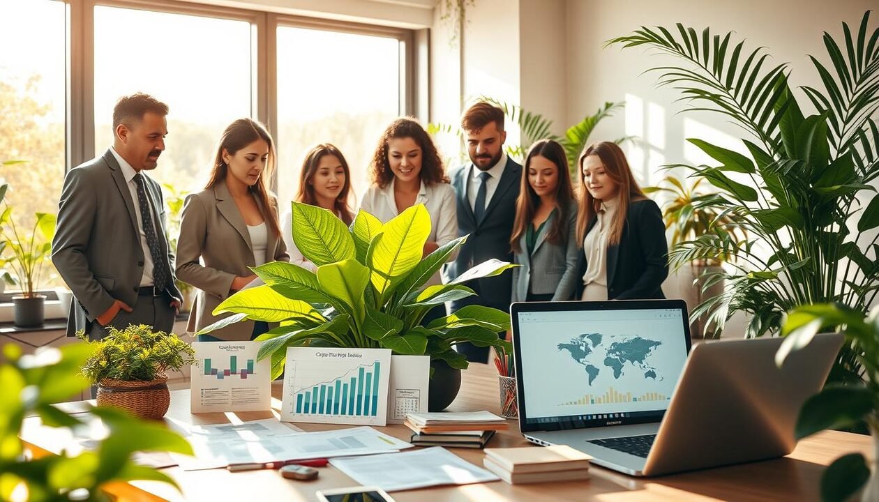 A serene office environment filled with elements symbolizing sustainable practices. In the foreground, a diverse group of professionals wearing smart, casual attire collaborates over a large green plant that signifies environmental care, surrounded by charts showing carbon footprint reduction. In the middle ground, eco-friendly materials like recycled paper and biodegradable products are scattered across a table, alongside a laptop displaying graphs and data related to corporate social responsibility (CSR). The background features large windows letting in warm, natural sunlight, illuminating the space and creating an inviting, optimistic atmosphere. Soft shadows cast by indoor plants enhance the focus on teamwork and sustainability, fostering a sense of innovation and hope for a greener future. A serene office environment filled with elements symbolizing sustainable practices. In the foreground, a diverse group of professionals wearing smart, casual attire collaborates over a large green plant that signifies environmental care, surrounded by charts showing carbon footprint reduction. In the middle ground, eco-friendly materials like recycled paper and biodegradable products are scattered across a table, alongside a laptop displaying graphs and data related to corporate social responsibility (CSR). The background features large windows letting in warm, natural sunlight, illuminating the space and creating an inviting, optimistic atmosphere. Soft shadows cast by indoor plants enhance the focus on teamwork and sustainability, fostering a sense of innovation and hope for a greener future.