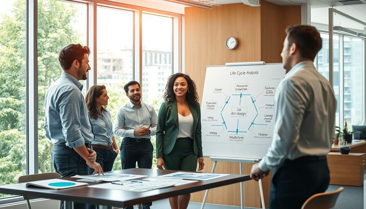 A serene office environment illustrating life cycle analysis and eco-design integration. In the foreground, a diverse group of professionals, dressed in business attire, are engaged in discussion, with charts and eco-design diagrams displayed on a table. In the middle ground, a large whiteboard showcases a detailed flowchart of the life cycle analysis process, incorporating elements like resource extraction, manufacturing, usage, and end-of-life. In the background, large windows let in natural light, revealing a green urban landscape, symbolizing sustainable development. The scene is well-lit with a warm, inviting atmosphere, emphasizing collaboration and innovation in eco-friendly strategies. The angle is slightly elevated, providing a clear view of the interaction and the whiteboard details without any text or overlays. A serene office environment illustrating life cycle analysis and eco-design integration. In the foreground, a diverse group of professionals, dressed in business attire, are engaged in discussion, with charts and eco-design diagrams displayed on a table. In the middle ground, a large whiteboard showcases a detailed flowchart of the life cycle analysis process, incorporating elements like resource extraction, manufacturing, usage, and end-of-life. In the background, large windows let in natural light, revealing a green urban landscape, symbolizing sustainable development. The scene is well-lit with a warm, inviting atmosphere, emphasizing collaboration and innovation in eco-friendly strategies. The angle is slightly elevated, providing a clear view of the interaction and the whiteboard details without any text or overlays.
