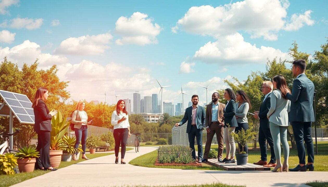 A serene outdoor scene illustrating strategies to reduce carbon footprint. In the foreground, a diverse group of professionals in business attire are engaged in a lively discussion, surrounded by eco-friendly elements like potted plants and solar panels. In the middle ground, a bike path lined with trees transitions into a small community garden, symbolizing sustainable living practices. The background features a bright blue sky with fluffy white clouds above a cityscape showcasing green buildings and wind turbines. The atmosphere is optimistic and forward-thinking, bathed in soft, natural daylight that emphasizes the environmental focus. The composition is shot with a wide-angle lens to capture the full scope of this eco-conscious landscape.