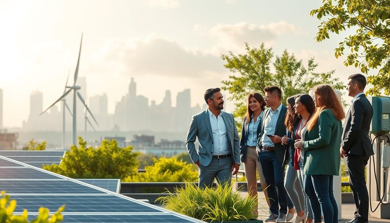 A serene urban landscape showcasing a modern eco-friendly building, prominently featuring solar panels and wind turbines in the foreground. To the right, a group of diverse professionals in smart casual attire discuss energy efficiency strategies, their expressions focused and optimistic. In the middle ground, lush greenery flourishes alongside smart energy meters and electric vehicle charging stations. The background reveals a city skyline bathed in soft, warm sunlight, symbolizing hope for a sustainable future. Subtle rays of light filter through gentle clouds, creating a bright and uplifting atmosphere, emphasizing the theme of energy optimization and emission reduction. The image should evoke a sense of innovation and collaboration in an eco-conscious environment. A serene urban landscape showcasing a modern eco-friendly building, prominently featuring solar panels and wind turbines in the foreground. To the right, a group of diverse professionals in smart casual attire discuss energy efficiency strategies, their expressions focused and optimistic. In the middle ground, lush greenery flourishes alongside smart energy meters and electric vehicle charging stations. The background reveals a city skyline bathed in soft, warm sunlight, symbolizing hope for a sustainable future. Subtle rays of light filter through gentle clouds, creating a bright and uplifting atmosphere, emphasizing the theme of energy optimization and emission reduction. The image should evoke a sense of innovation and collaboration in an eco-conscious environment.
