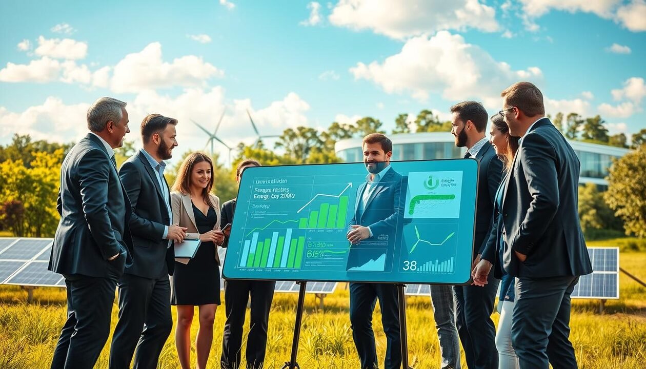 A vibrant and dynamic scene showcasing a successful low-carbon project. In the foreground, a diverse group of professionals in business attire is collaborating around a digital display showing energy reduction graphs and eco-friendly technologies. The middle ground features solar panels and wind turbines in a clean, green landscape, symbolizing renewable energy sources. The background includes a modern, eco-friendly building with lush greenery and trees surrounding it, under a bright blue sky with soft clouds. The lighting is warm and inviting, creating a sense of optimism and innovation. The overall mood conveys progress and teamwork toward sustainable energy solutions. A vibrant and dynamic scene showcasing a successful low-carbon project. In the foreground, a diverse group of professionals in business attire is collaborating around a digital display showing energy reduction graphs and eco-friendly technologies. The middle ground features solar panels and wind turbines in a clean, green landscape, symbolizing renewable energy sources. The background includes a modern, eco-friendly building with lush greenery and trees surrounding it, under a bright blue sky with soft clouds. The lighting is warm and inviting, creating a sense of optimism and innovation. The overall mood conveys progress and teamwork toward sustainable energy solutions.