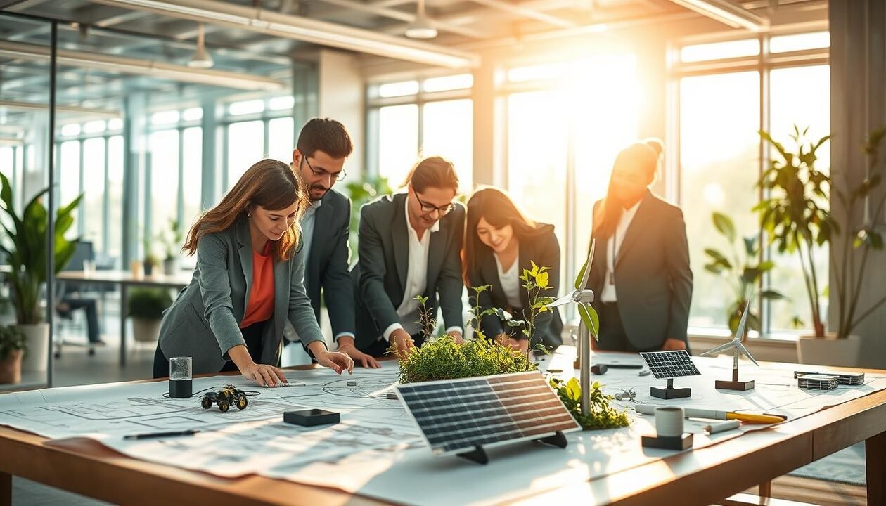A vibrant and inspiring visual representation of ADEME's support for sustainable projects. In the foreground, diverse professionals in smart business attire collaborate around a table covered with blueprints and green technology prototypes, showcasing innovation and teamwork. The middle ground features greenery and small solar panels, symbolizing eco-friendly initiatives. In the background, a modern office space with large windows allows natural light to flood in, creating an uplifting atmosphere. The lighting is warm and inviting, emphasizing a hopeful mood for the future. The composition is balanced, with soft focus on the background but clear details in the foreground. Overall, the scene should convey a sense of collaboration, commitment to sustainability, and a brighter future driven by innovation.