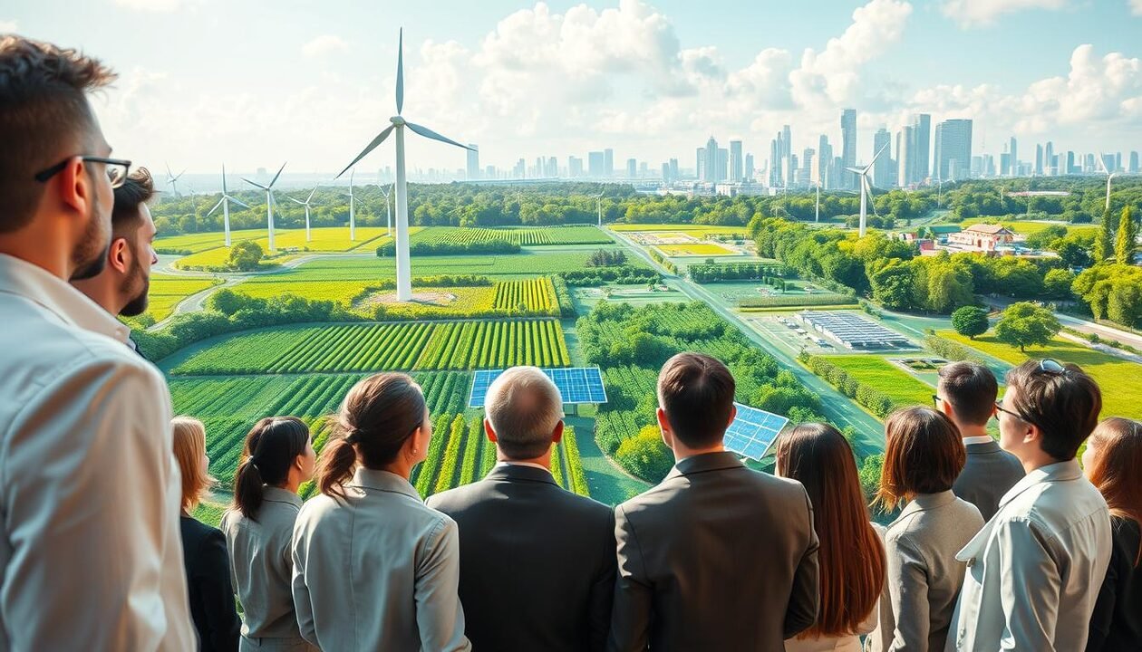 A vibrant, conceptual image representing "challenges of environmental transition." In the foreground, a diverse group of professionals in business attire gathers around a large, interactive digital display showcasing renewable energy sources like wind turbines and solar panels. In the middle ground, lush green landscapes illustrate sustainable agriculture and urban green spaces, symbolizing a harmonious relationship between nature and technology. The background features a skyline with eco-friendly buildings and clean transportation options. The scene is illuminated by soft, natural light, creating an uplifting and hopeful atmosphere. The angle is slightly elevated, capturing the collaboration and innovation in addressing carbon footprints and enhancing energy efficiency. The overall mood is optimistic and forward-looking, emphasizing teamwork toward a sustainable future.
