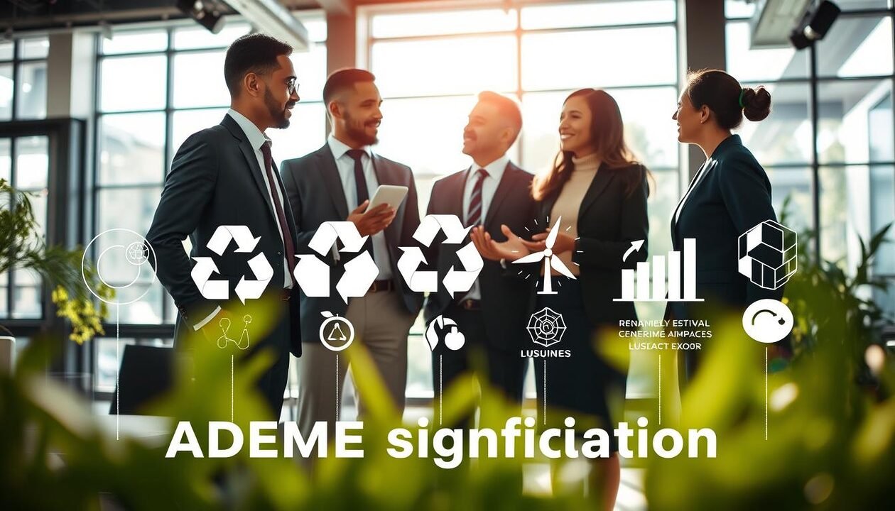 A vibrant, informative image illustrating the concept of "ADEME signification." The foreground features a diverse group of three professionals in business attire, engaged in a discussion, with gestures emphasizing their conversation. In the middle ground, there are visual representations of eco-friendly symbols like recycling, renewable energy icons, and graphs showing sustainability impacts, all harmoniously integrated. The background consists of a modern office environment with large windows allowing natural light to illuminate the scene, creating a warm, inviting atmosphere. Use a wide-angle lens for depth, focusing on the interaction among the professionals while the eco-friendly symbols subtly infuse the message. The overall mood conveys collaboration and innovation in environmental awareness, encouraging consumer engagement in sustainability.