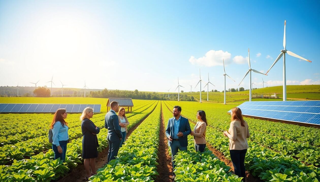 A vibrant scene depicting a lush, green landscape symbolizing the environmental transition, with a focus on renewable energy sources. In the foreground, a diverse group of people in professional business attire discuss sustainable agriculture practices, surrounded by solar panels and wind turbines. In the middle, rows of crops exhibit healthy growth, showcasing efficient farming techniques. The background features a clear blue sky with soft white clouds, conveying a sense of optimism. The lighting is bright and natural, creating a warm atmosphere. A subtle golden hour glow enhances the beauty of the landscape, emphasizing the harmony between technology and nature. The overall mood is hopeful and forward-looking, capturing the essence of sustainable development. A vibrant scene depicting a lush, green landscape symbolizing the environmental transition, with a focus on renewable energy sources. In the foreground, a diverse group of people in professional business attire discuss sustainable agriculture practices, surrounded by solar panels and wind turbines. In the middle, rows of crops exhibit healthy growth, showcasing efficient farming techniques. The background features a clear blue sky with soft white clouds, conveying a sense of optimism. The lighting is bright and natural, creating a warm atmosphere. A subtle golden hour glow enhances the beauty of the landscape, emphasizing the harmony between technology and nature. The overall mood is hopeful and forward-looking, capturing the essence of sustainable development.