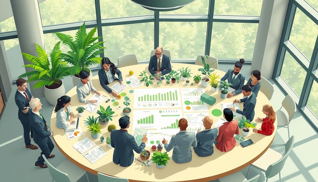 A visually engaging and informative image depicting the concept of green bonds. In the foreground, illustrate a diverse group of professionals in business attire, including men and women of various ethnicities, gathered around a large circular table covered with eco-friendly materials like plants and documents. In the middle ground, showcase charts and graphs illustrating the growth and benefits of green bonds, surrounded by greenery to emphasize sustainability. The background should feature a modern office with large windows letting in natural light that bathes the scene in a bright and optimistic atmosphere. Use a slight overhead angle to capture the collaborative environment, highlighting the importance of teamwork in the green bond issuance and reporting process. The overall mood should feel professional yet inspiring, symbolizing progress in sustainable finance.